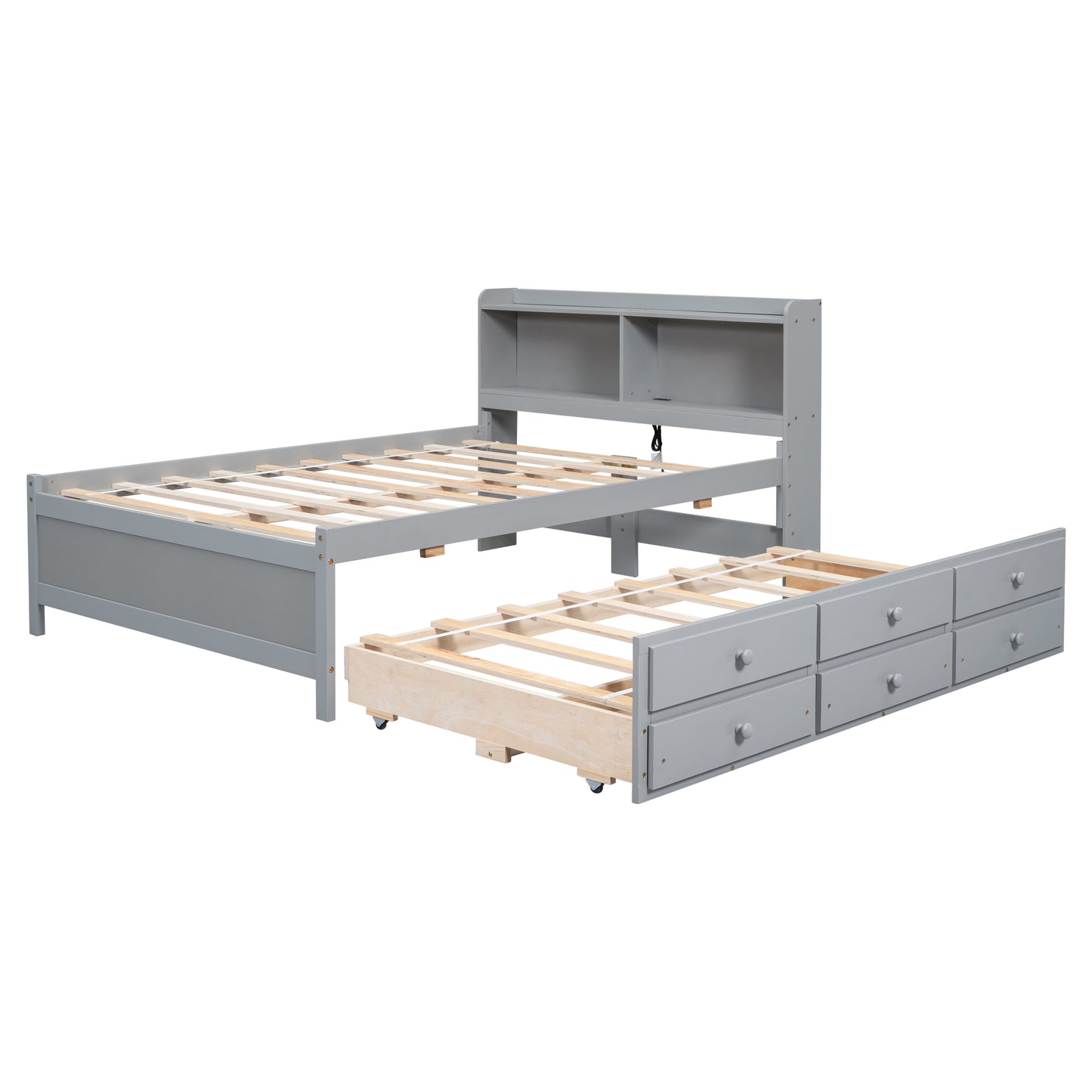 Full Size Bed with USB & Type-C Ports, LED light, Bookcase Headboard, Trundle and 3 Storage Drawers , Full Size Size Bed with  Bookcase Headboard, Trundle and Storage drawers ,Grey