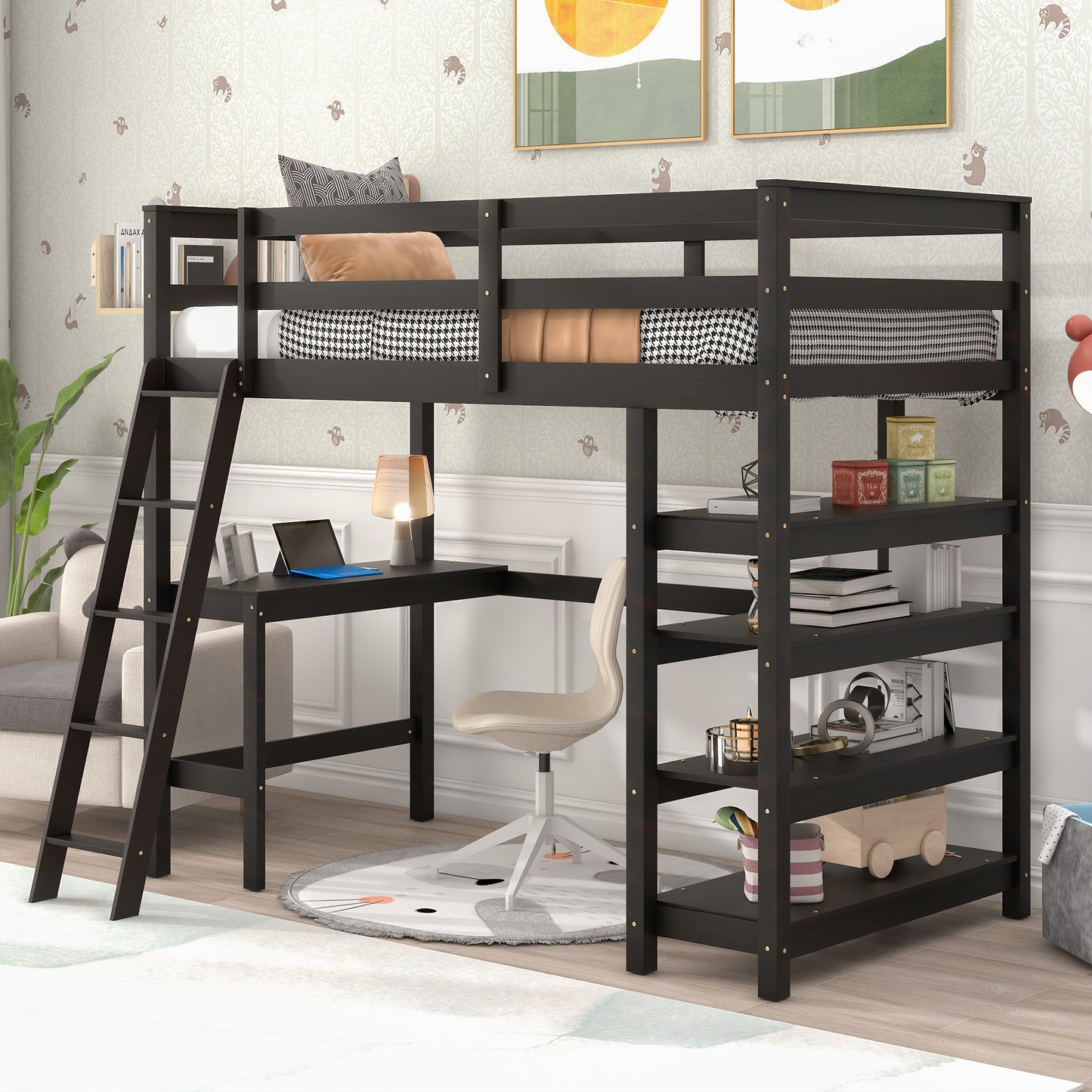 Twin Loft Bed with desk,ladder,shelves , Espresso