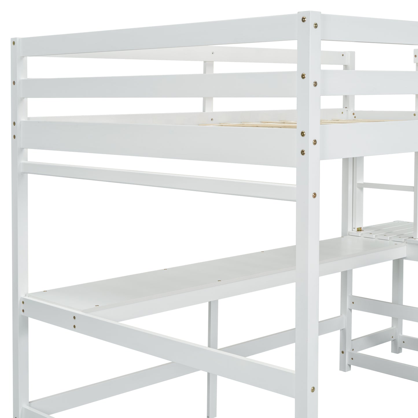 Full Loft Bed with Built-in Desk, Ladder Platform, Ladders, Guardrails,White