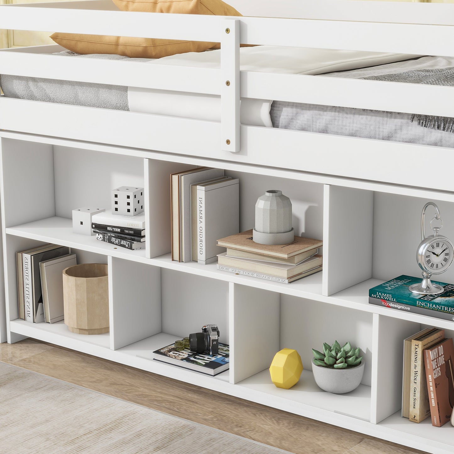 Twin House Loft Bed with Roof Frame, Under Bed Shelving Storage Unit, Guardrails, Ladder,White