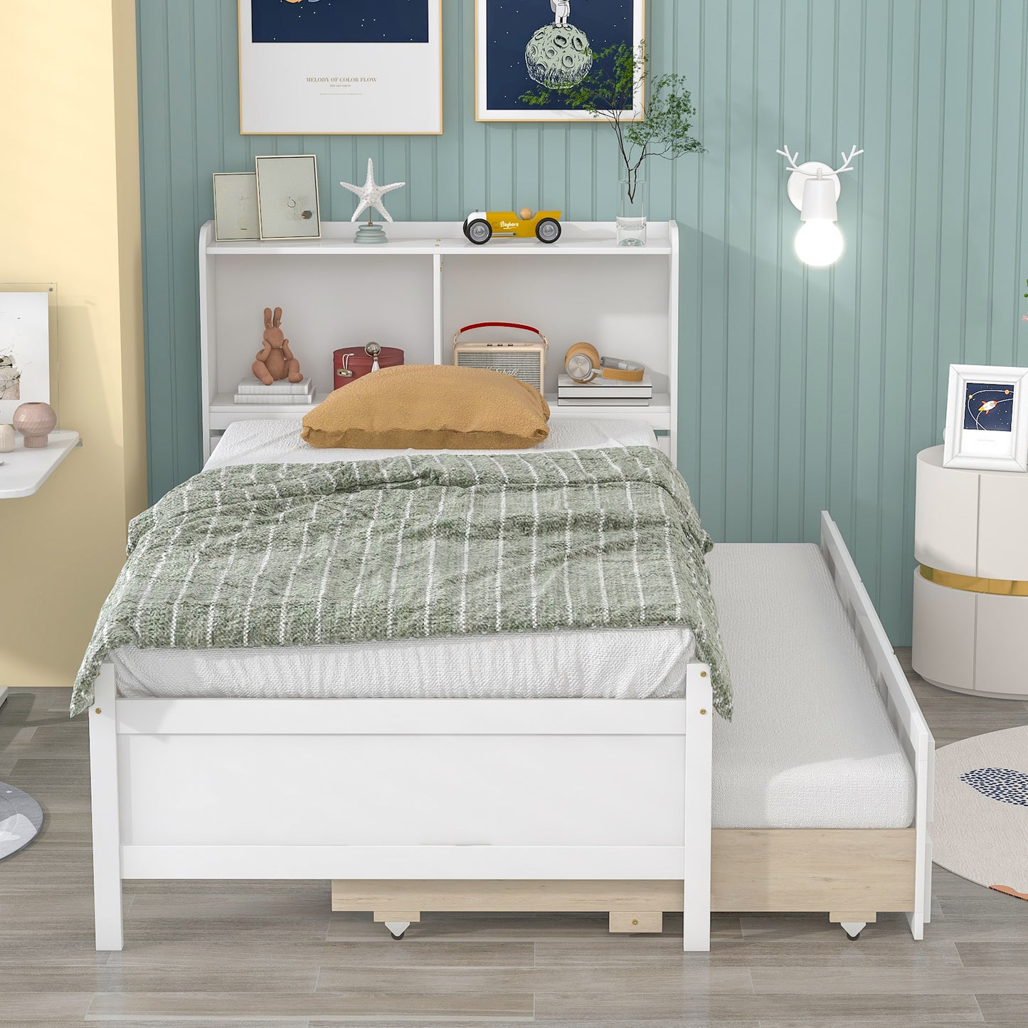 Twin Bed with Bookcase,Twin Trundle,Drawers,White