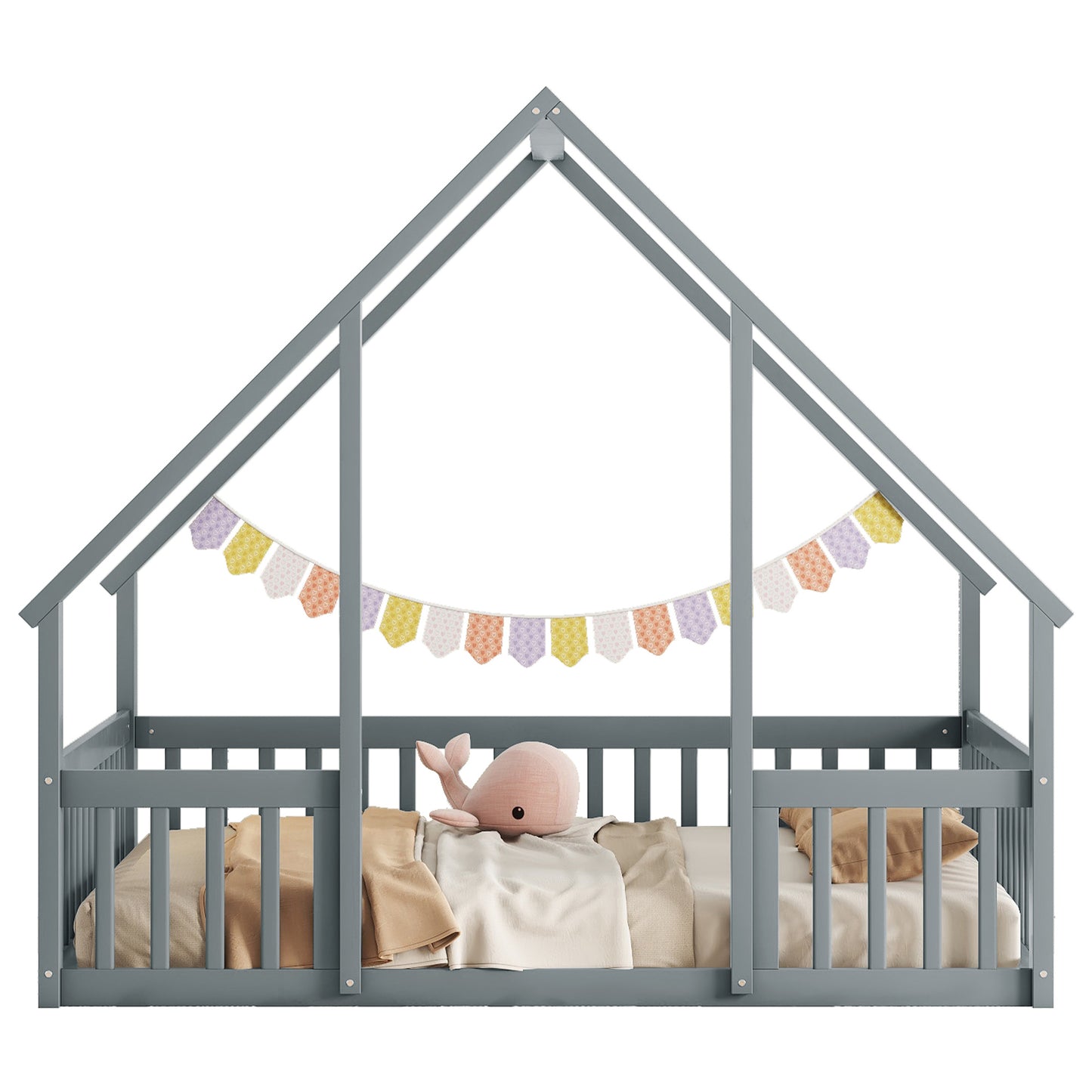 Full Wood House-Shaped Floor Bed with Fence, Guardrails,Grey