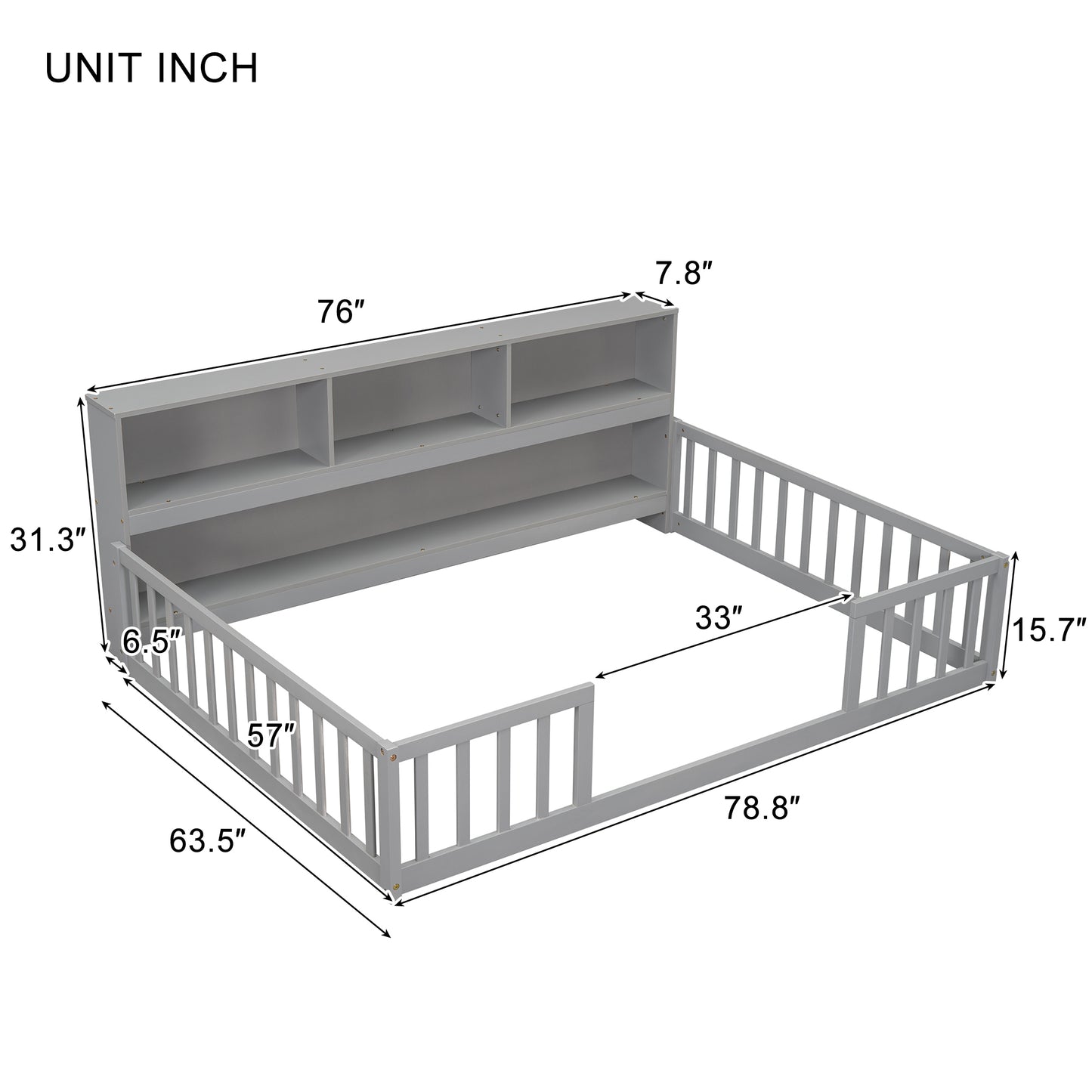 Full Floor Bed with Side Bookcase,Shelves,Guardrails,Grey