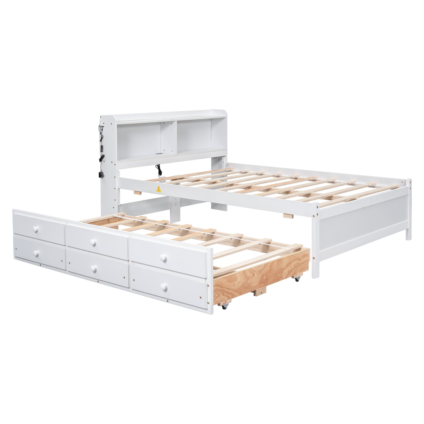 Full Size Bed with USB & Type-C Ports, LED light, Bookcase Headboard, Trundle and 3 Storage Drawers , Full Size Size Bed with  Bookcase Headboard, Trundle and Storage drawers ,White