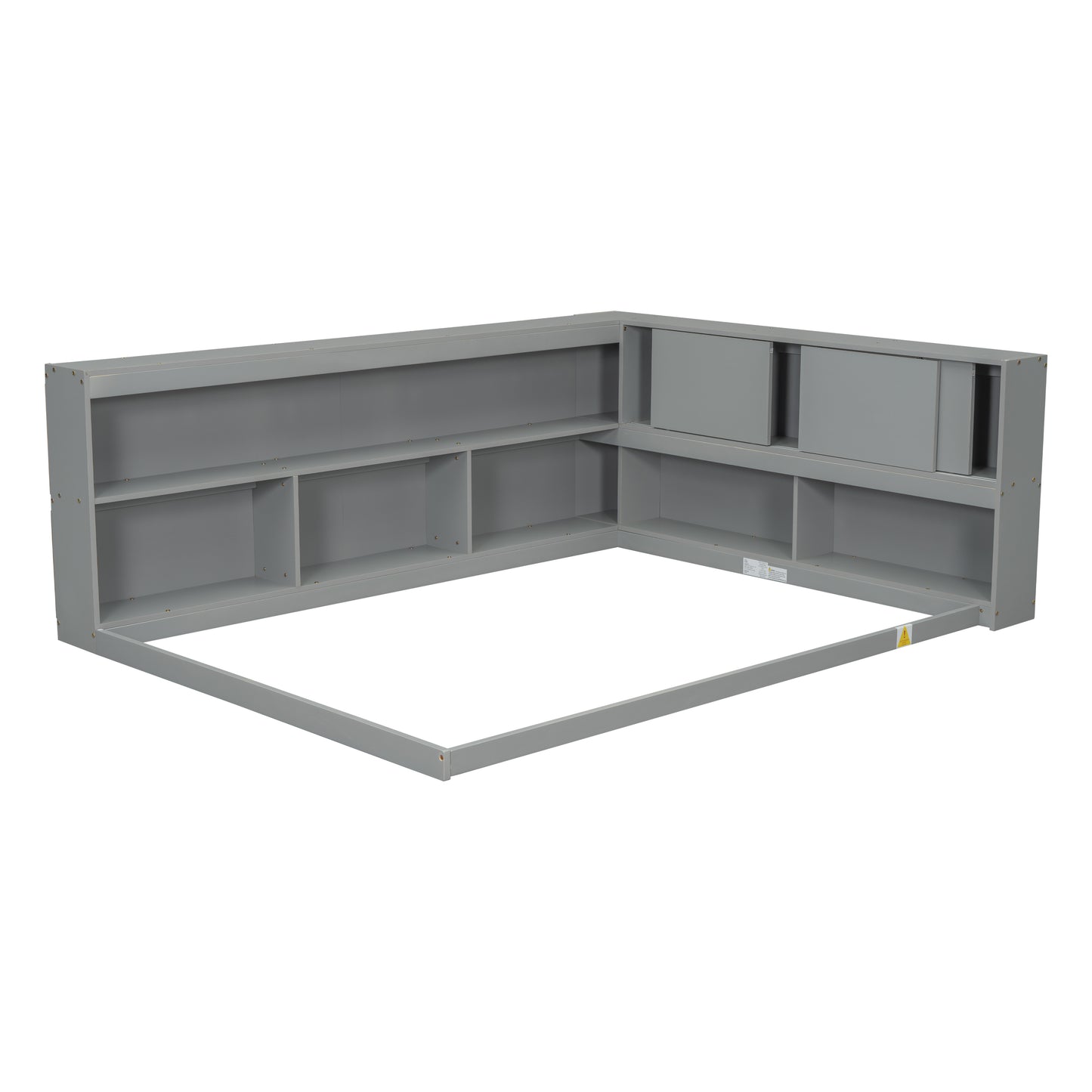 Full Floor Bed with L-shaped Bookcases, sliding doors,without slats,Grey