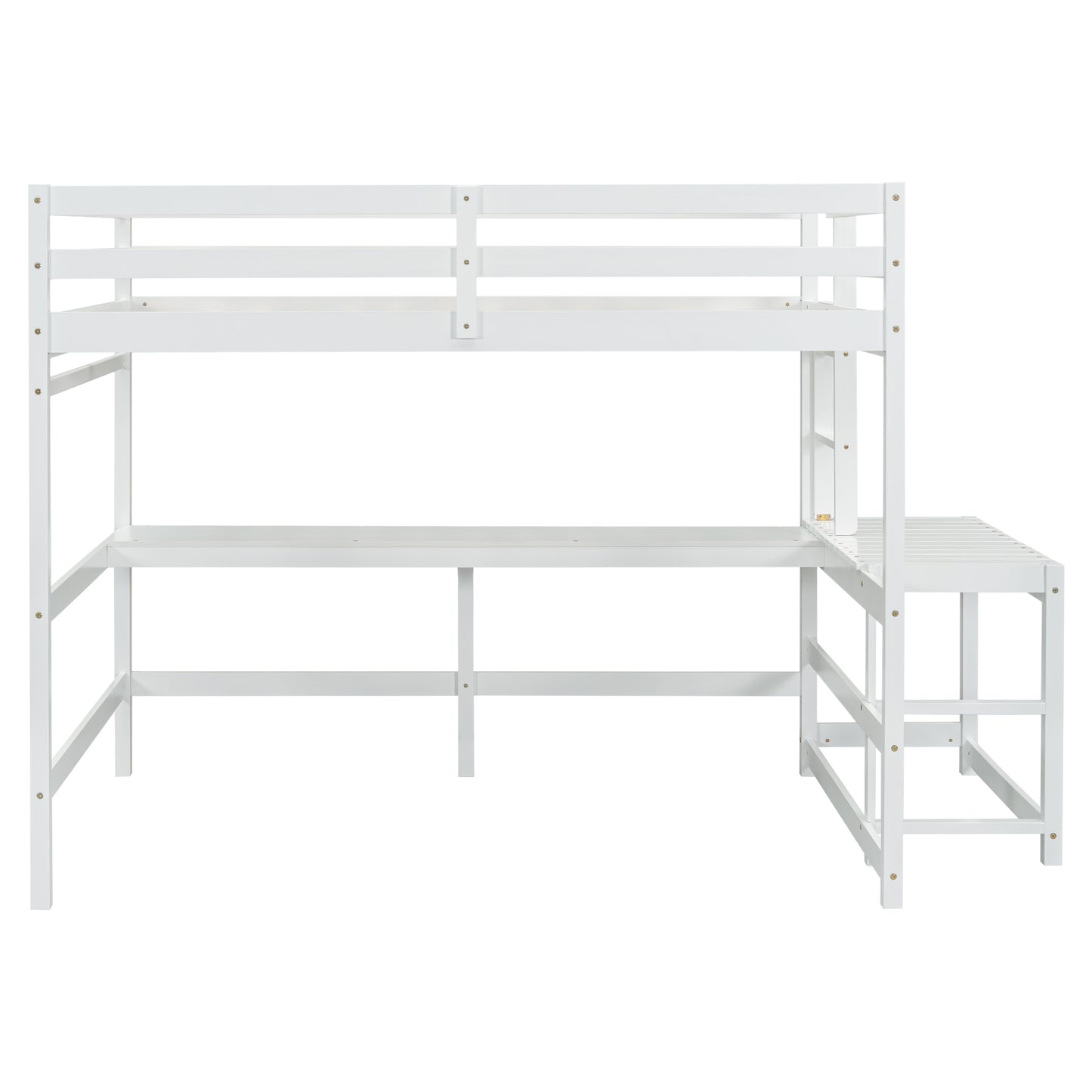 Full Loft Bed with Built-in Desk, Ladder Platform, Ladders, Guardrails,White