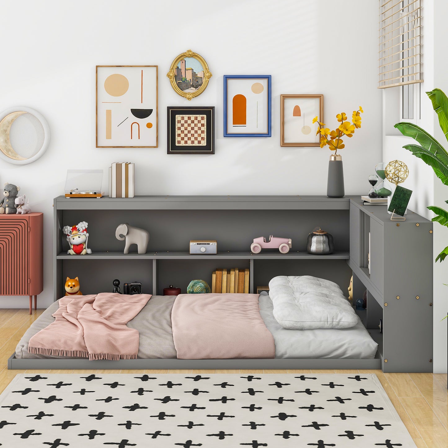 Full Floor Bed with L-shaped Bookcases, sliding doors,without slats,Grey