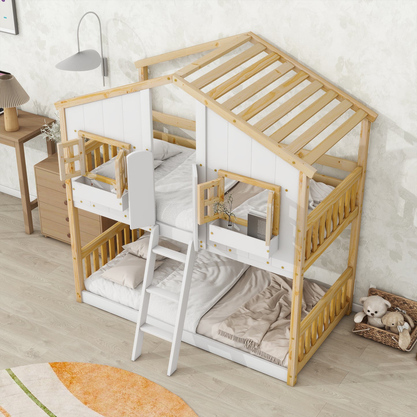 Twin over Twin House Bunk Bed with Roof , Window, Window  Box, Door , with Safety Guardrails and Ladder, Natural/White