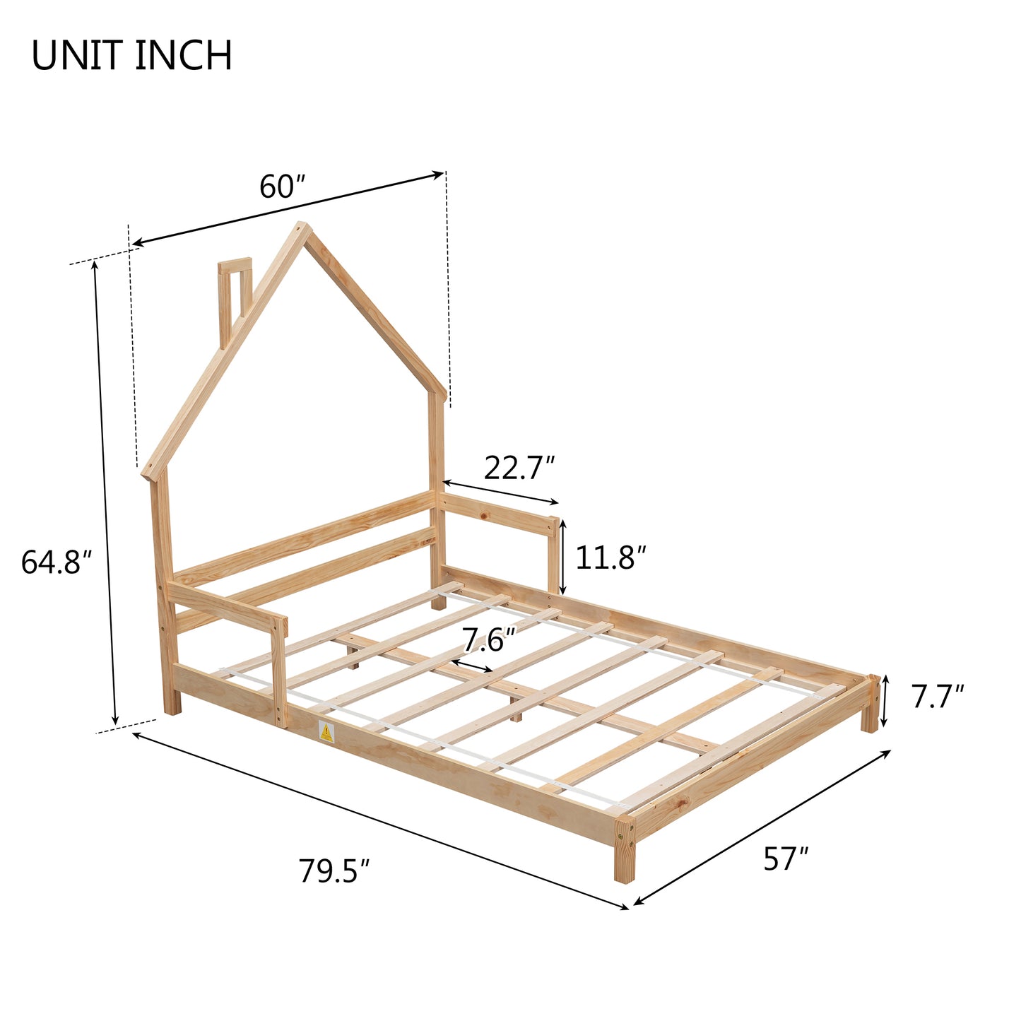 Full House-Shaped Headboard Bed with Handrails ,slats
,Natural