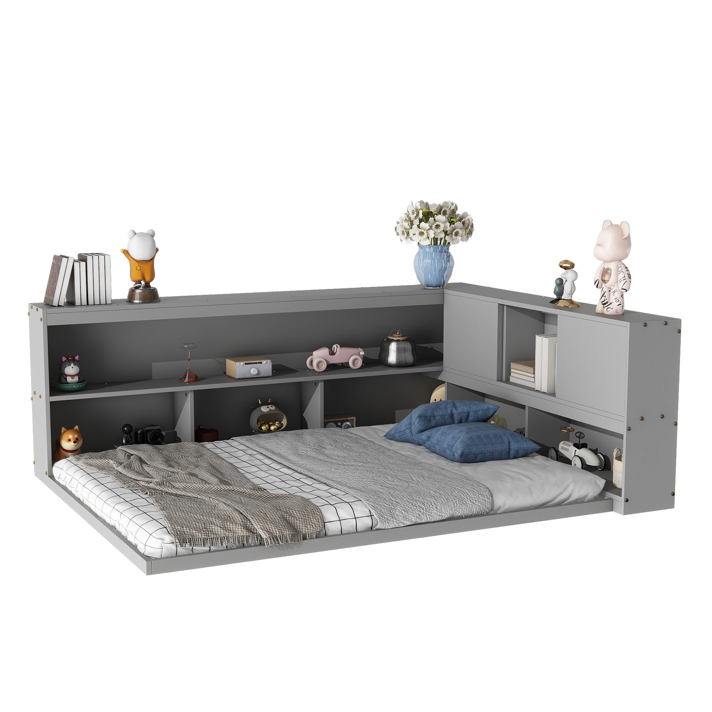 Full Floor Bed with L-shaped Bookcases, sliding doors,without slats,Grey