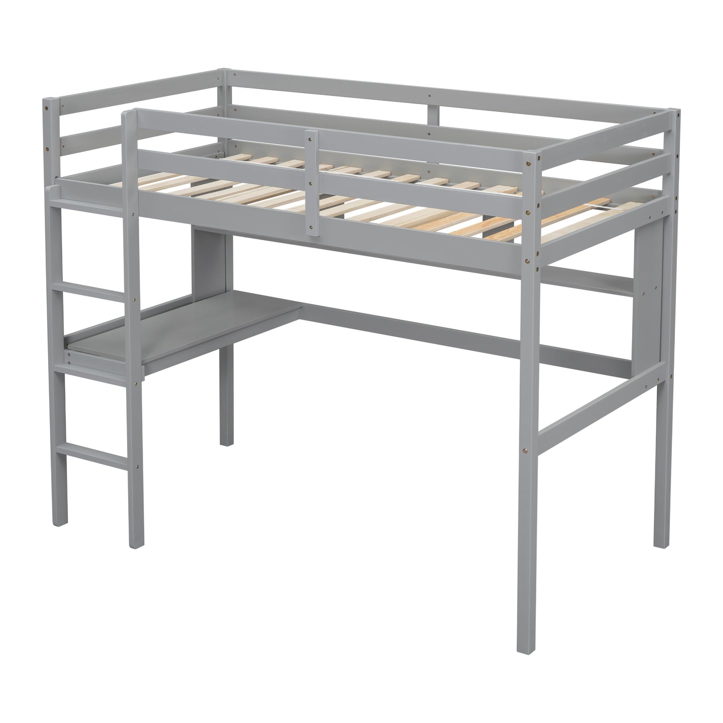 Twin Loft Bed with built-in desk and bookcase of three compartments, Guardrails and Ladder,Grey