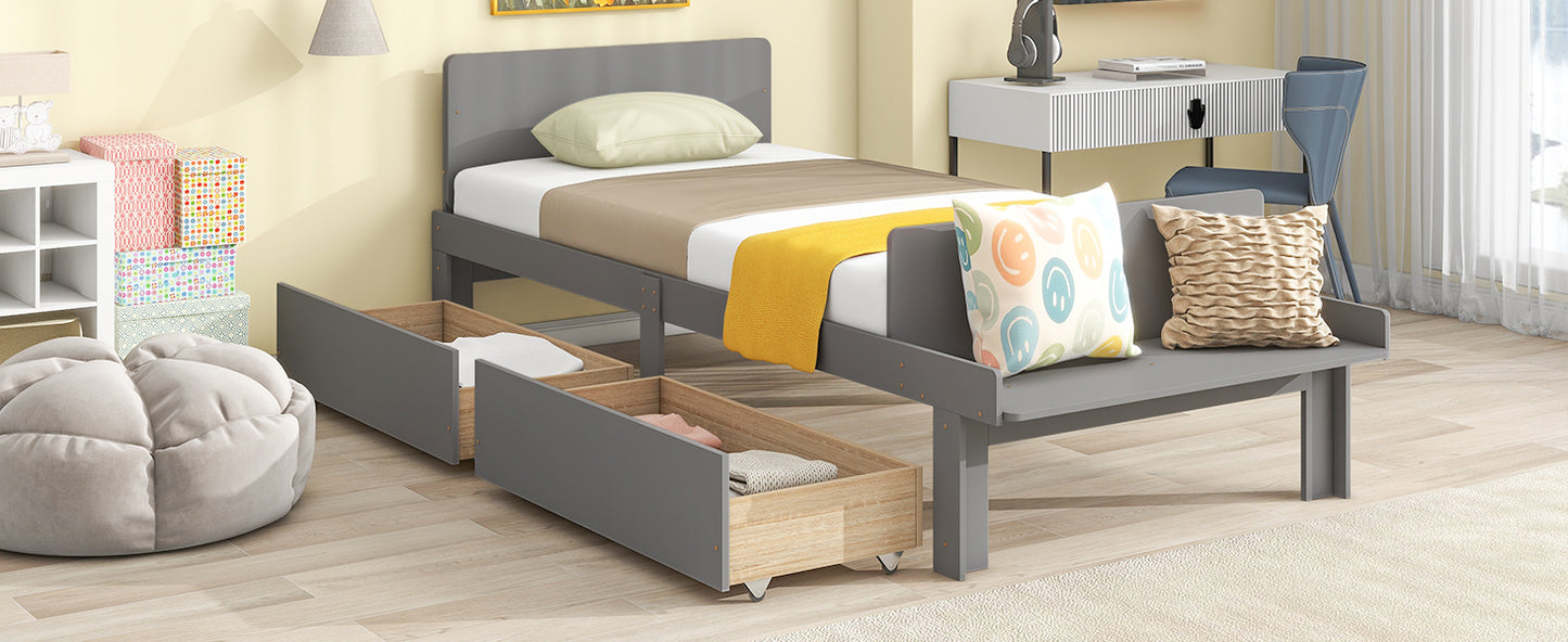 Twin Bed with Footboard Bench,2 drawers,Grey