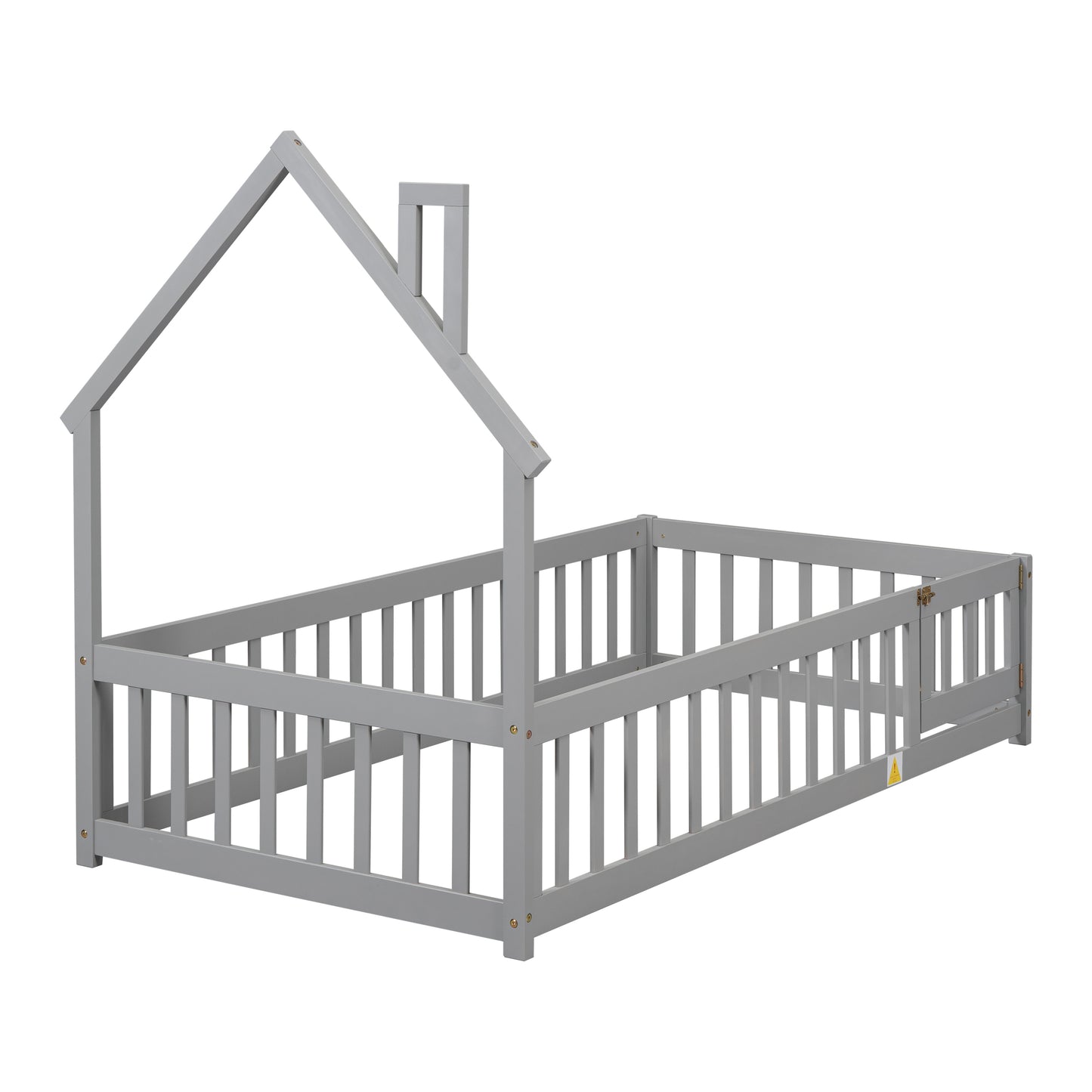 Twin House-Shaped Headboard Floor Bed with Fence,Grey