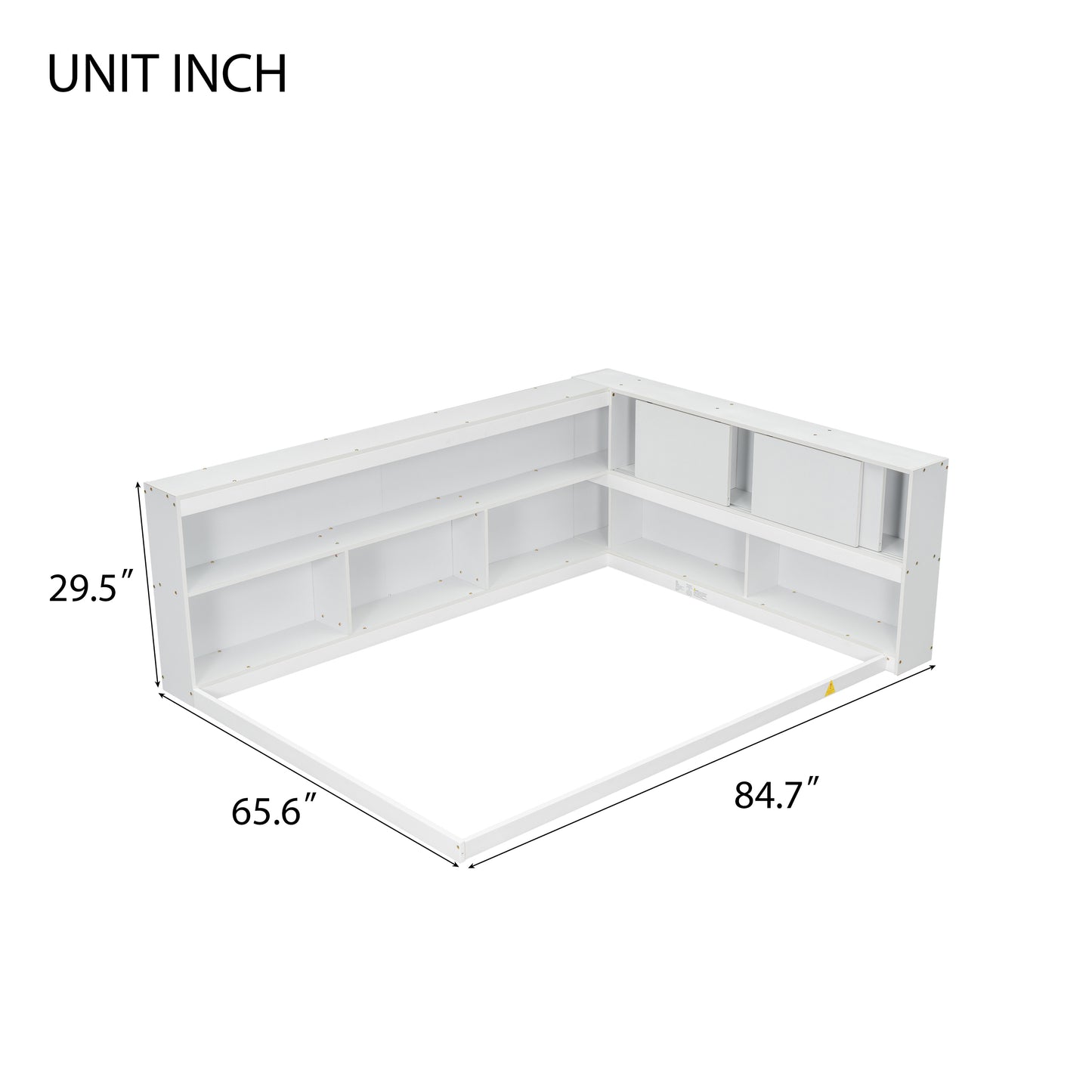 Full Floor Bed with L-shaped Bookcases, sliding doors,without slats,White