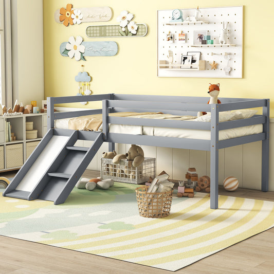 Twin Low Loft Bed with Slide,  Ladder, Safety Guardrails, No Box Spring Needed,Grey