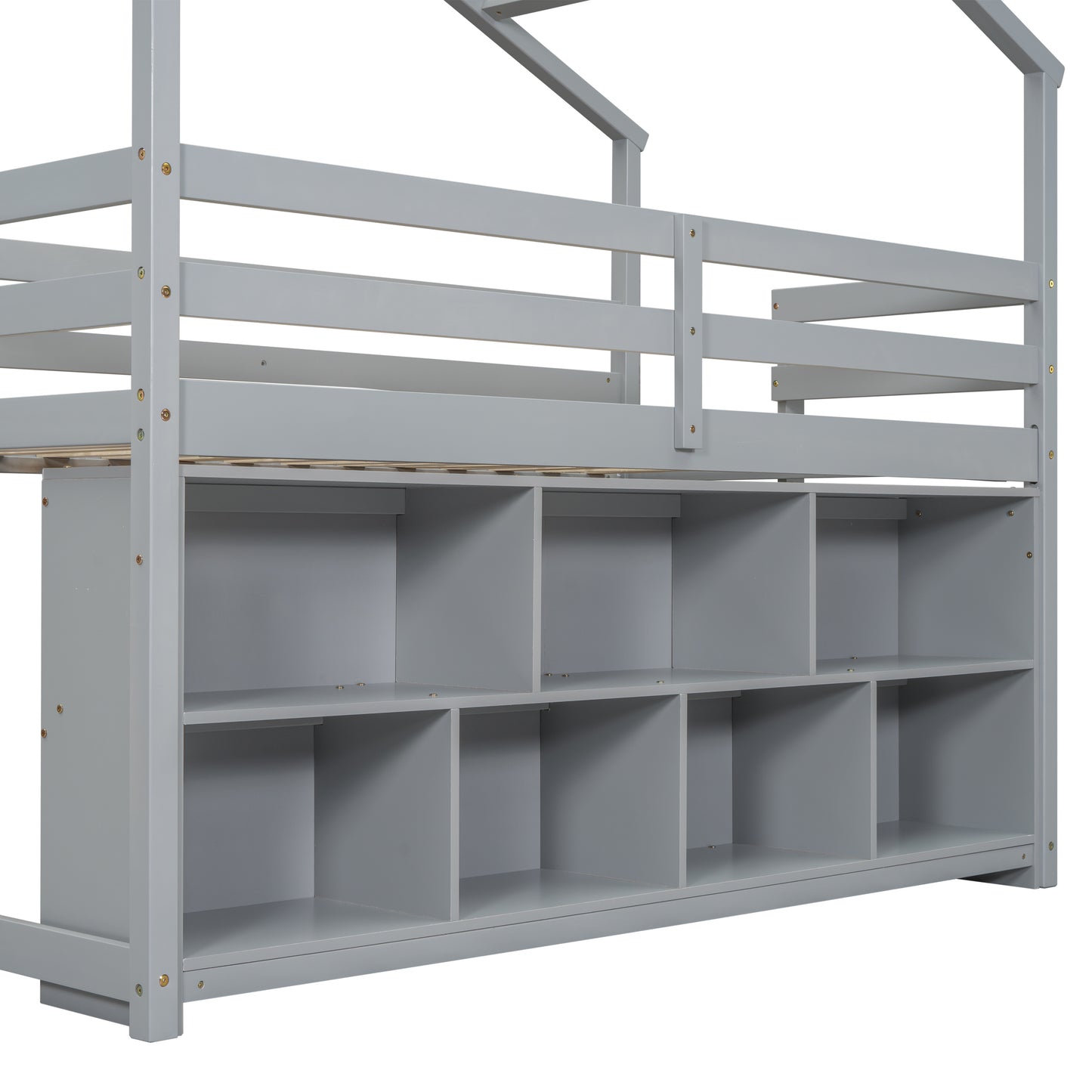 Twin House Loft Bed with Roof Frame, Under Bed Shelving Storage Unit, Guardrails, Ladder,Grey