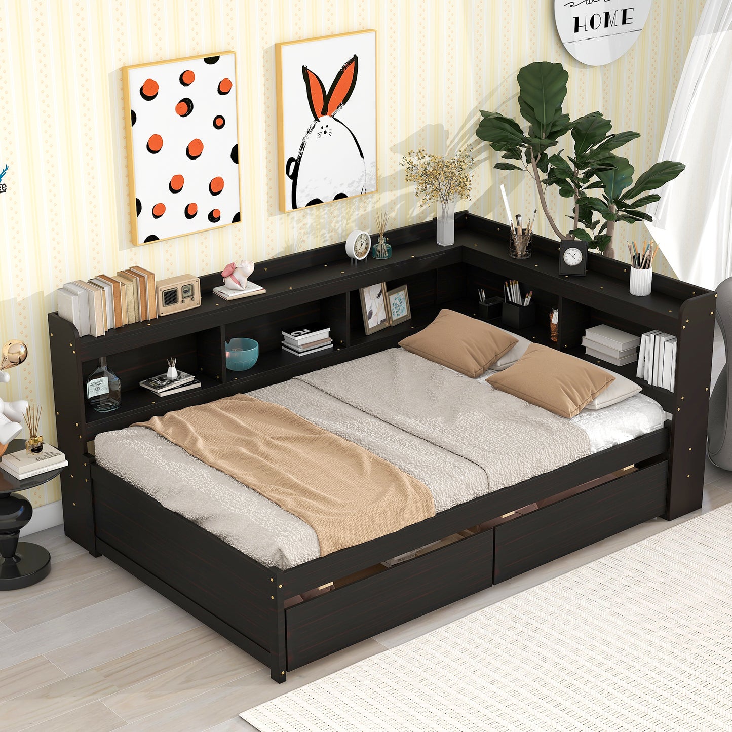 Full Bed with L-shaped Bookcases, Drawers ,Espresso