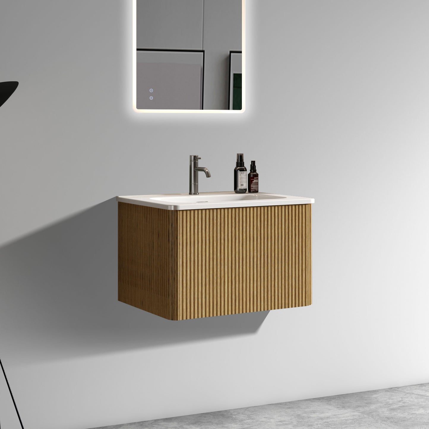 U055-Etna24W-306 Etna 24" Striped Natural Oak Bathroom Vanity with White Ceramic Sink, Wall Mounted Floating Bathroom Vanity for Modern Bathroom, Pre-assembled