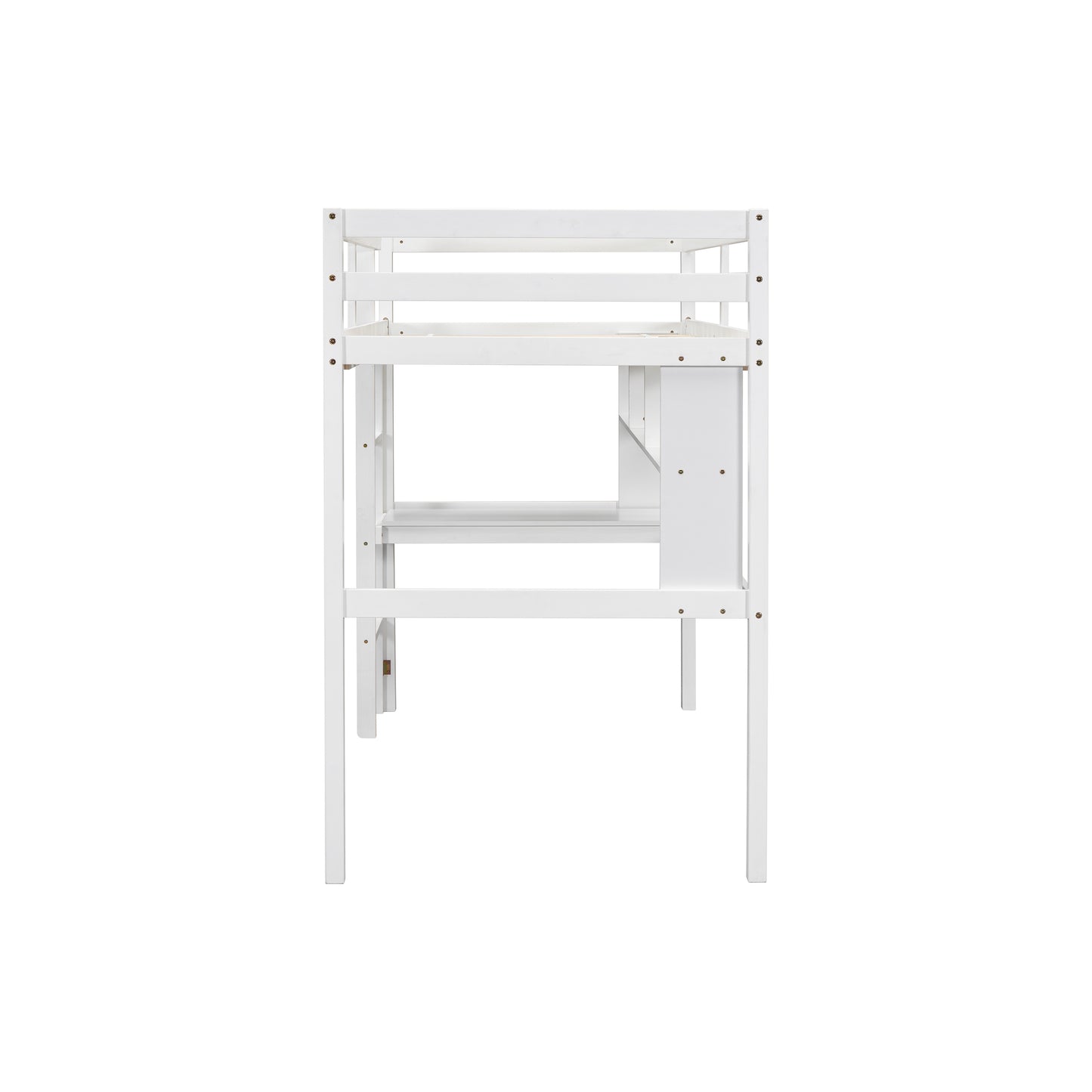 Twin Loft Bed with built-in desk and bookcase of three compartments, Guardrails and Ladder,White