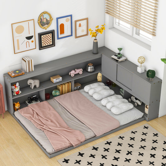 Full Floor Bed with L-shaped Bookcases, sliding doors,without slats,Grey