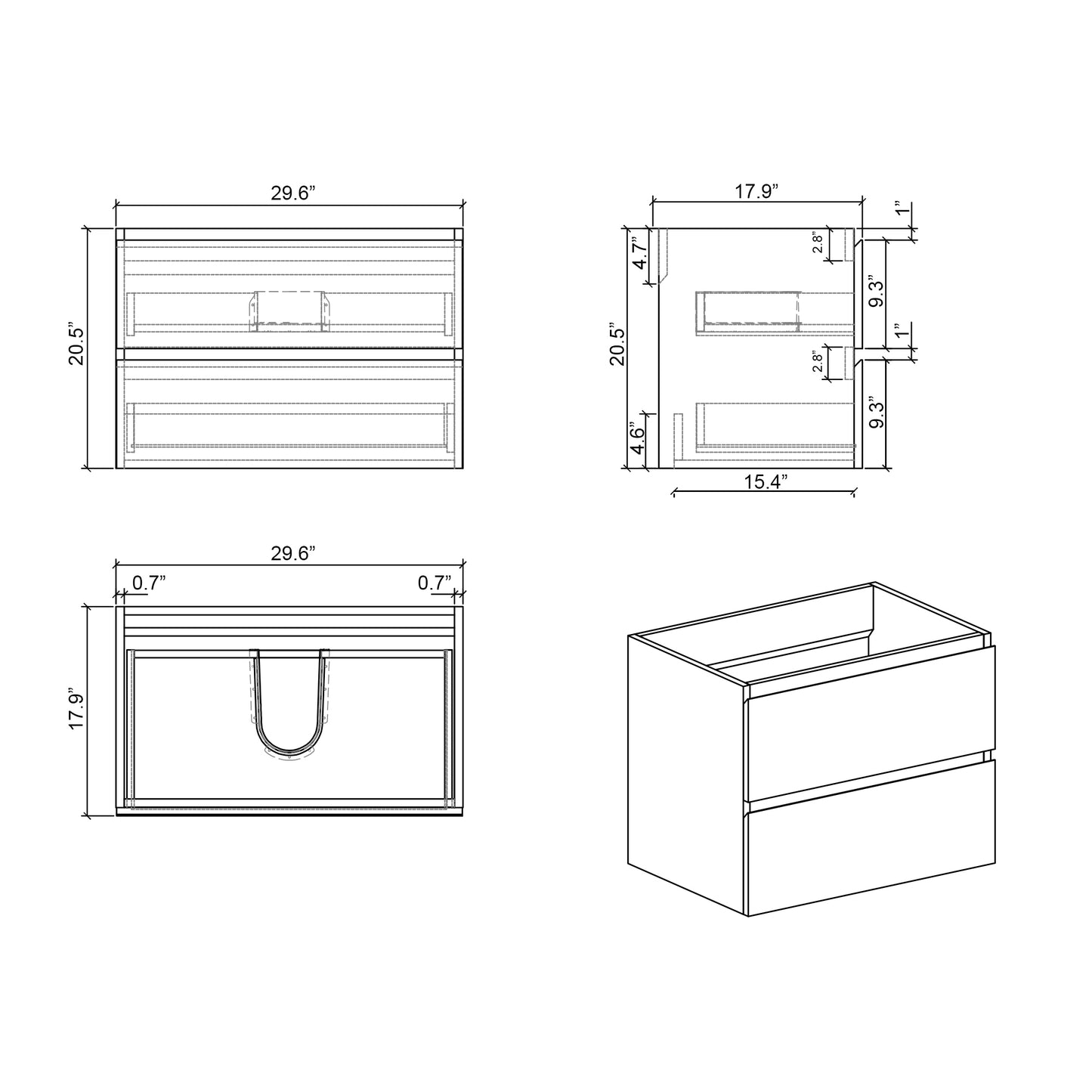 Alice-30W-105,Wall mount cabinet WITHOUT basin, Walnut color, With two drawers, Pre-assembled