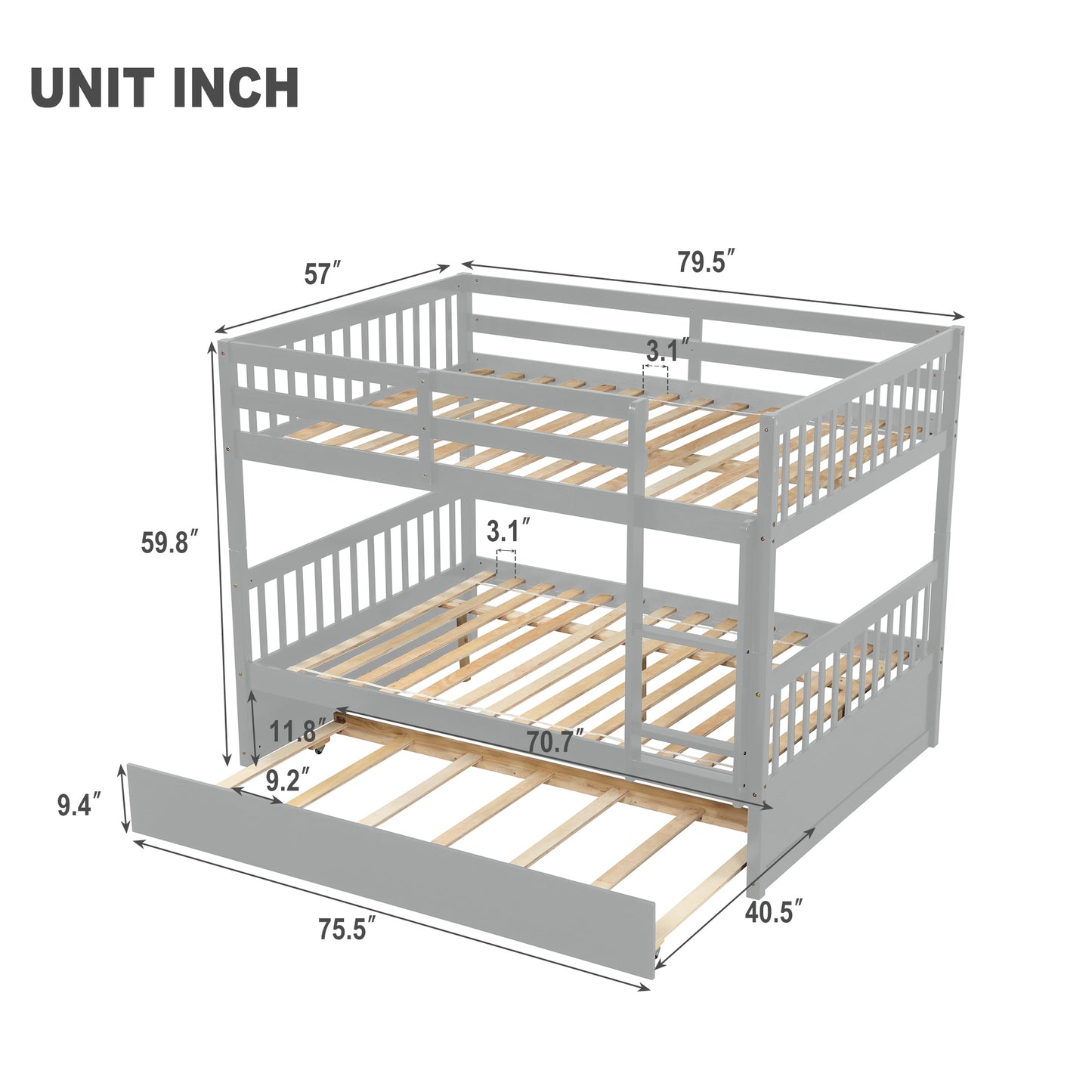 Full Over Full Bunk Bed with Trundle, Convertible to 2 Full Size Platform Bed, Full Size Bunk Bed with Ladder and Safety Rails for Kids, Teens, Adults,Grey (Old Sku:W504S00003)