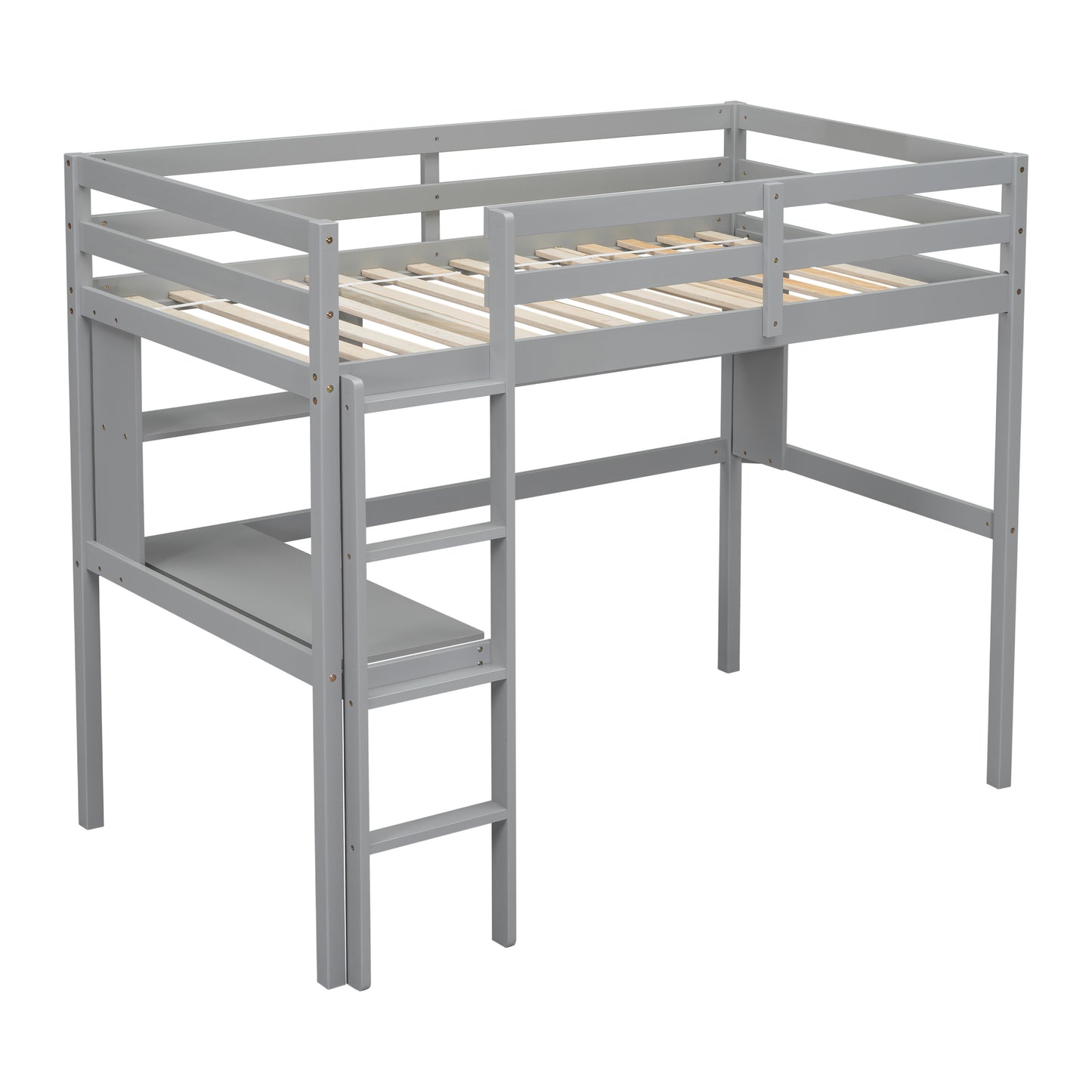 Twin Loft Bed with built-in desk and bookcase of three compartments, Guardrails and Ladder,Grey