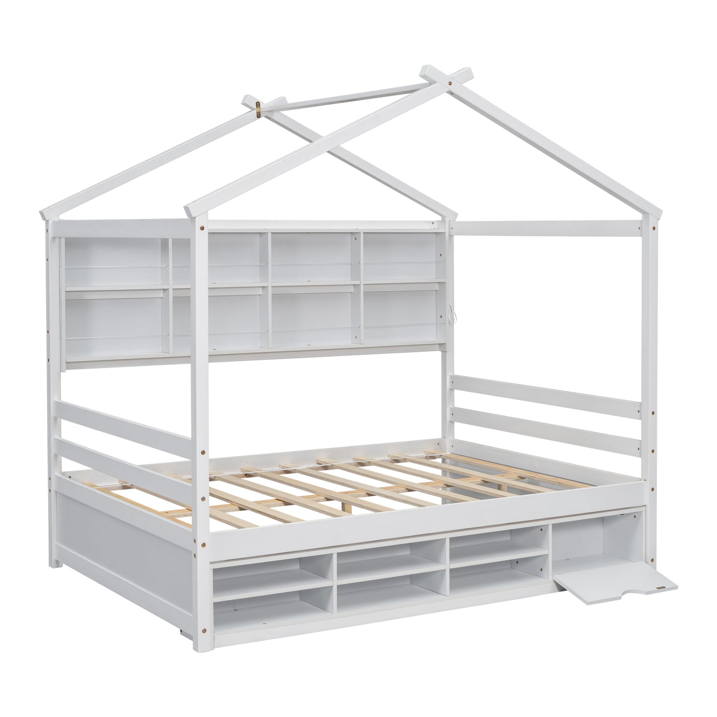 Full House Bed with Roof Frame, Bedside-shelves, Under Bed Storage Unit,White