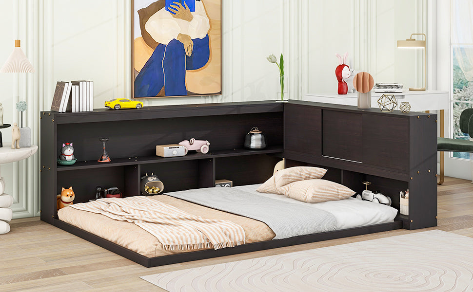 Full Floor Bed with L-shaped Bookcases, sliding doors,without slats,Espresso