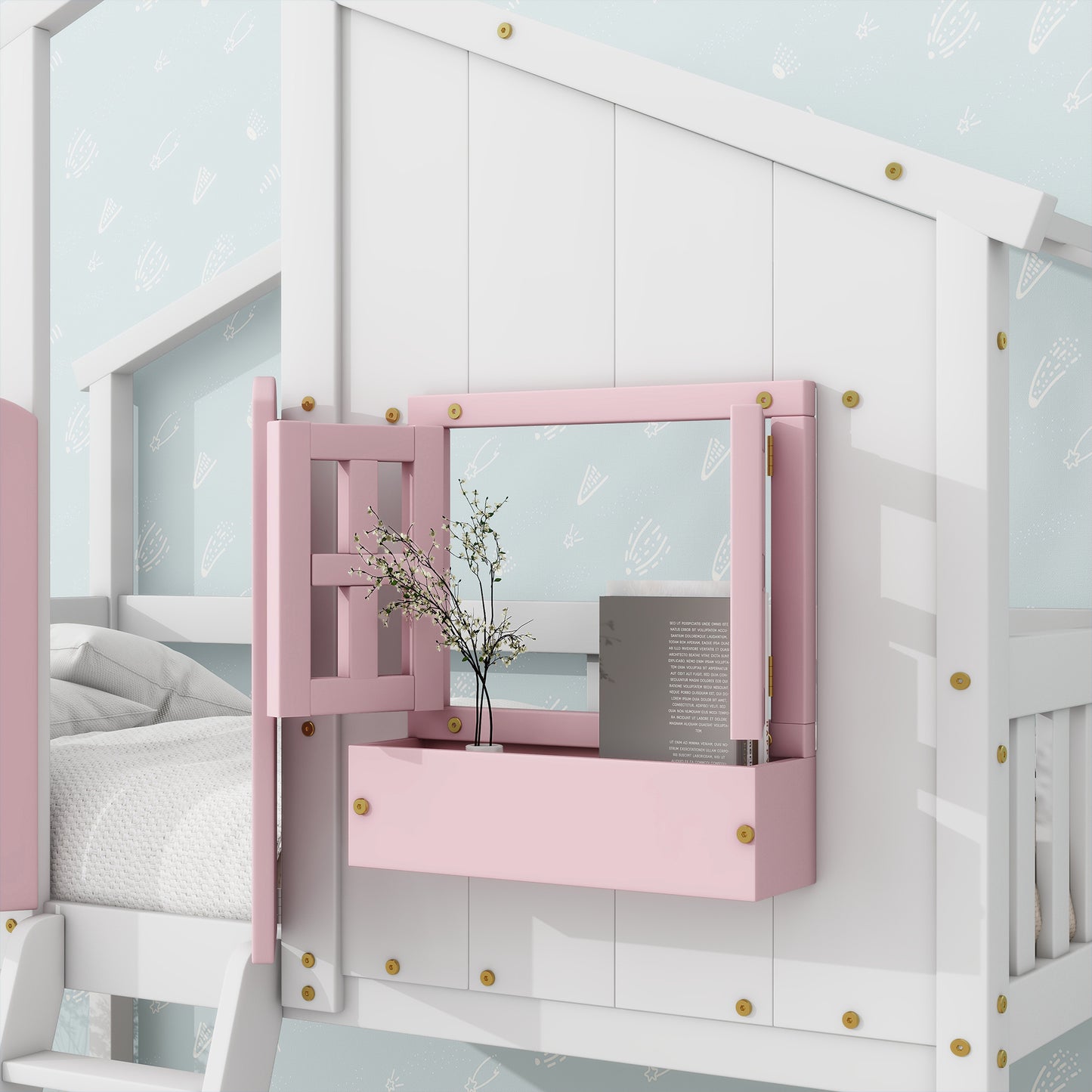 Twin over Twin House Bunk Bed with Roof , Window, Window  Box, Door , with Safety Guardrails and Ladder, Pink/White