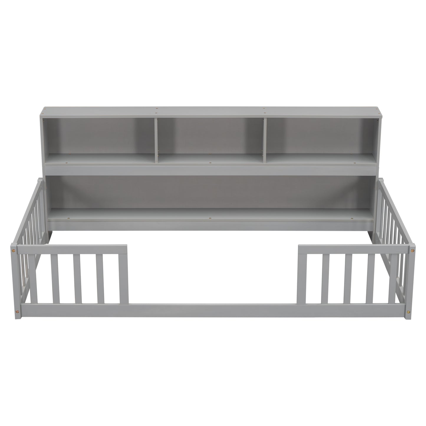 Twin Floor Bed with  Bedside Bookcase,Shelves,Guardrails,Grey