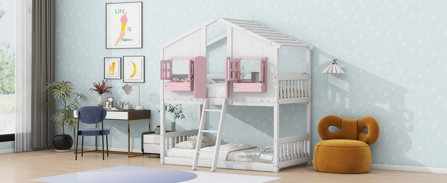 Twin over Twin House Bunk Bed with Roof , Window, Window  Box, Door , with Safety Guardrails and Ladder, Pink/White