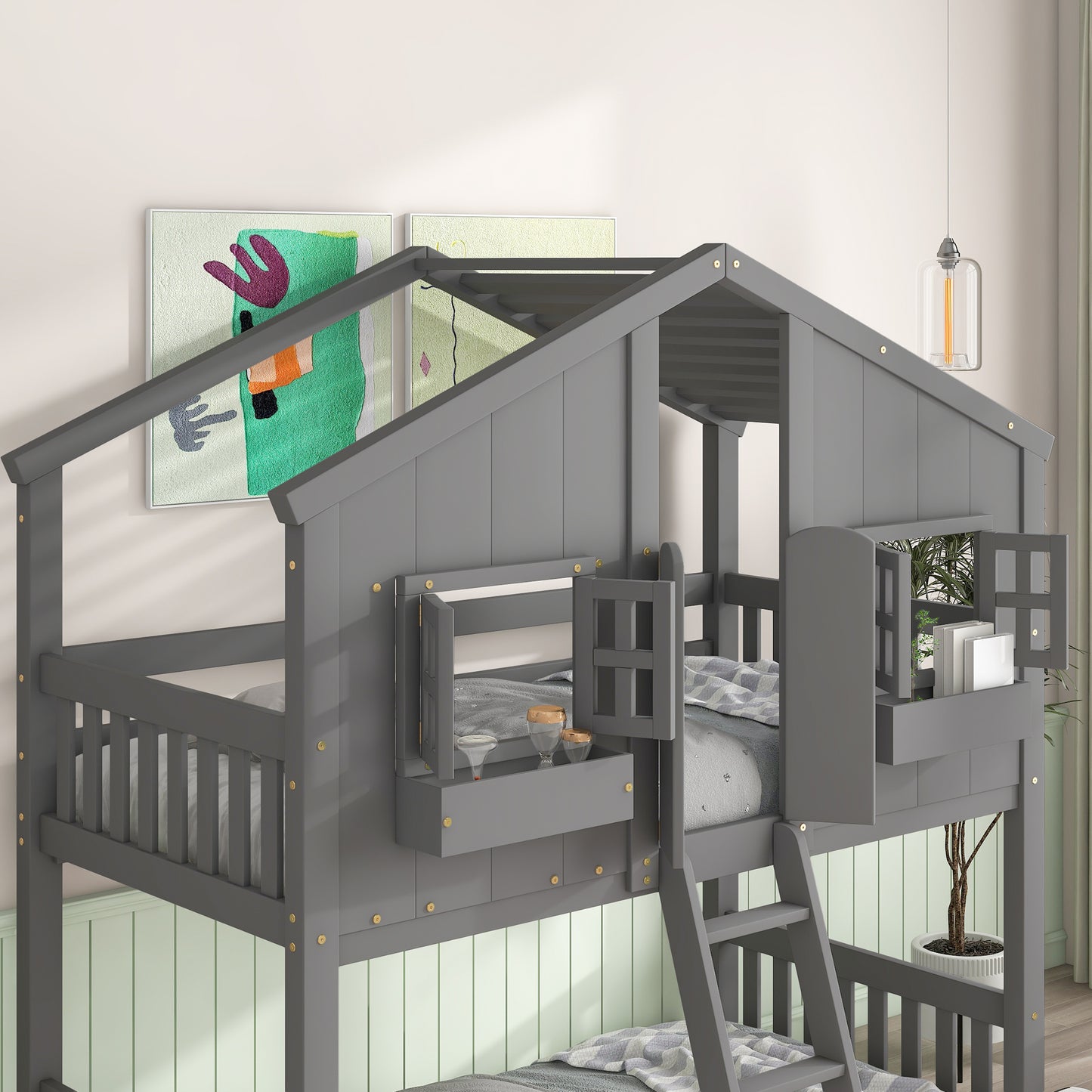 Twin over Twin House Bunk Bed with Roof , Window, Window  Box, Door , with Safety Guardrails and Ladder, Grey