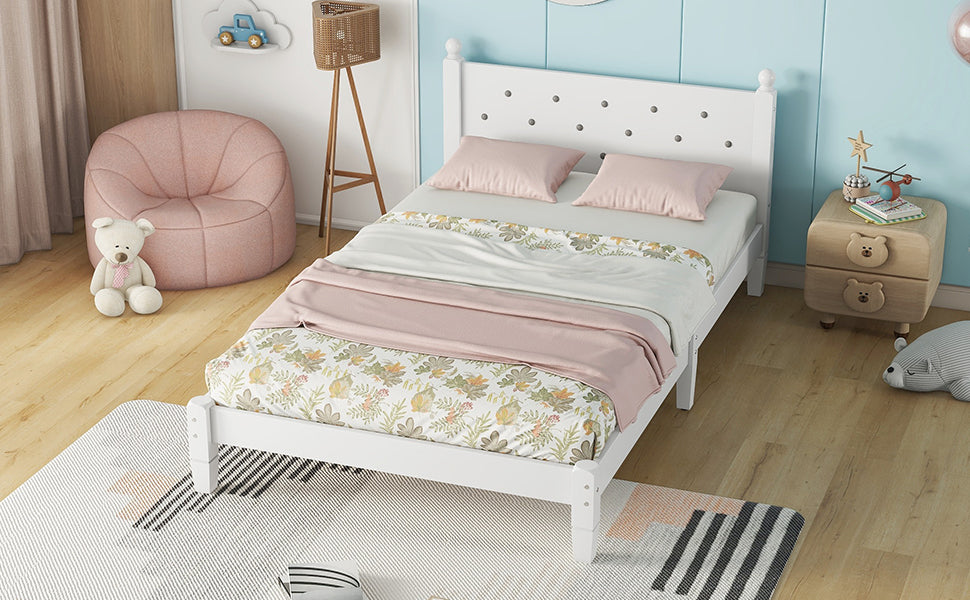 Twin Bed with Button-Decoration Headboard, with Bed Slats,White