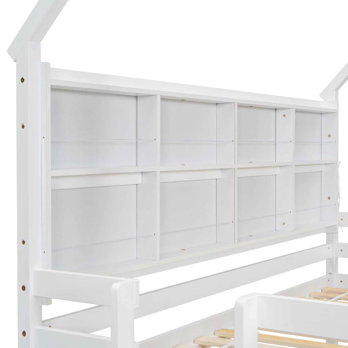 Twin House Loft Bed with Guardrails, Semi-enclosed Roof, Bedside Shelves and Ladder, White