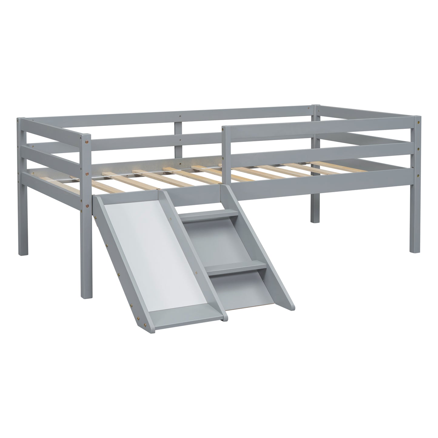 Twin Low Loft Bed with Slide,  Ladder, Safety Guardrails, No Box Spring Needed,Grey