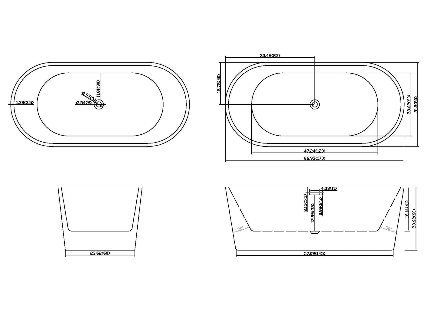 67" Acrylic Freestanding Bathtub-Acrylic Soaking Tubs, Oval Shape Freestanding Bathtub With Chrome Overflow and Pop Up Drain