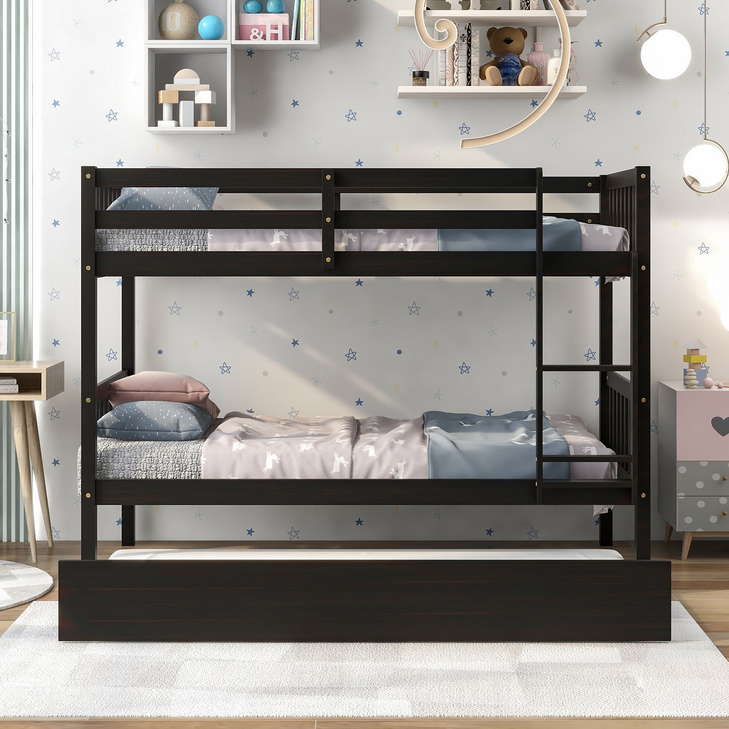 Twin Over Twin Bunk Beds with Trundle, Solid Wood Trundle Bed Frame with Safety Rail and Ladder, Kids/Teens Bedroom, Guest Room Furniture, Can Be converted into 2 Beds,Espresso