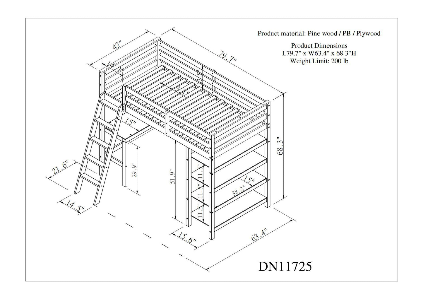 Twin Loft Bed with desk,ladder,shelves , Espresso