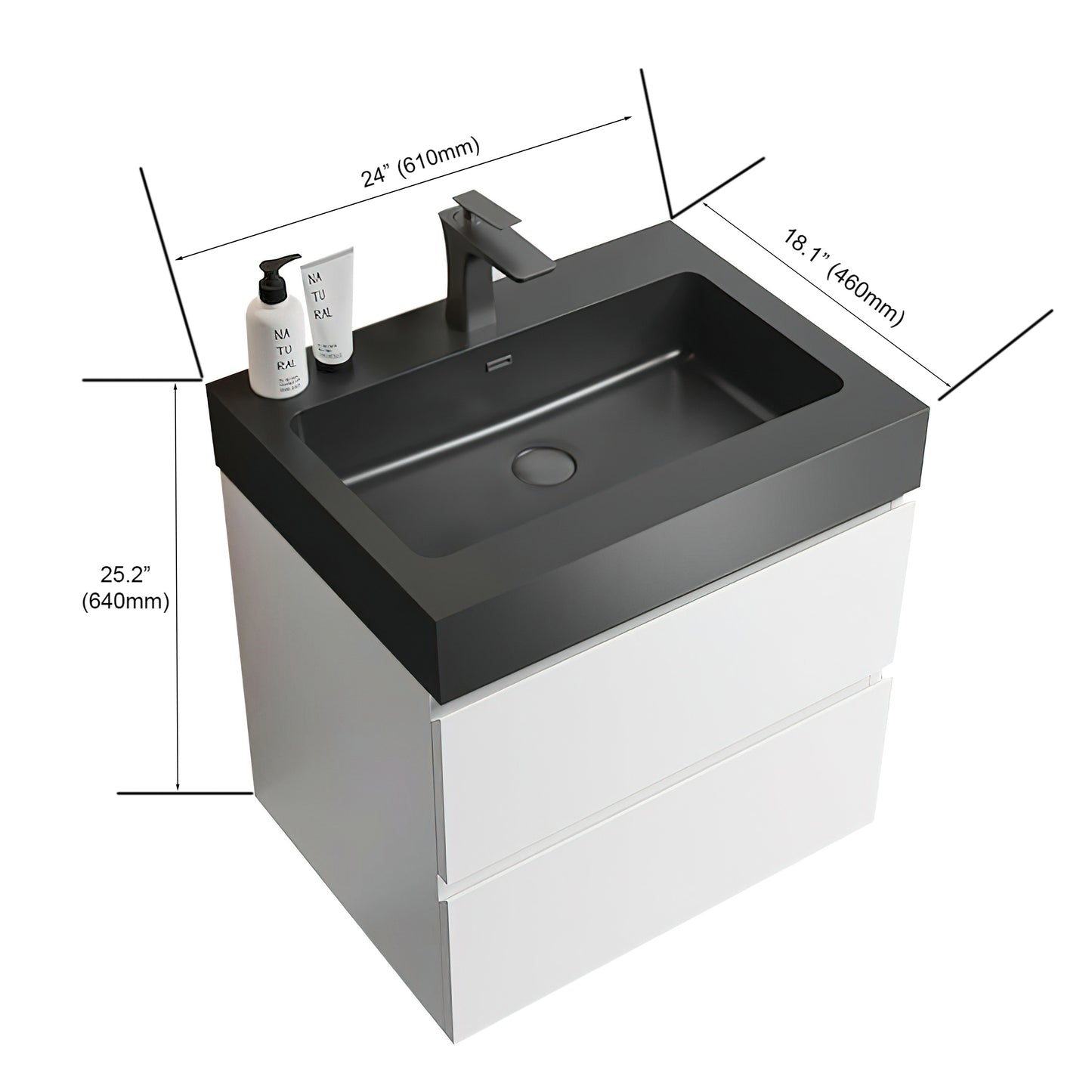 Alice 24" White Bathroom Vanity with Sink, Large Storage Wall Mounted Floating Bathroom Vanity for Modern Bathroom, One-Piece Black Sink Basin without Drain and Faucet, Pre-assembled