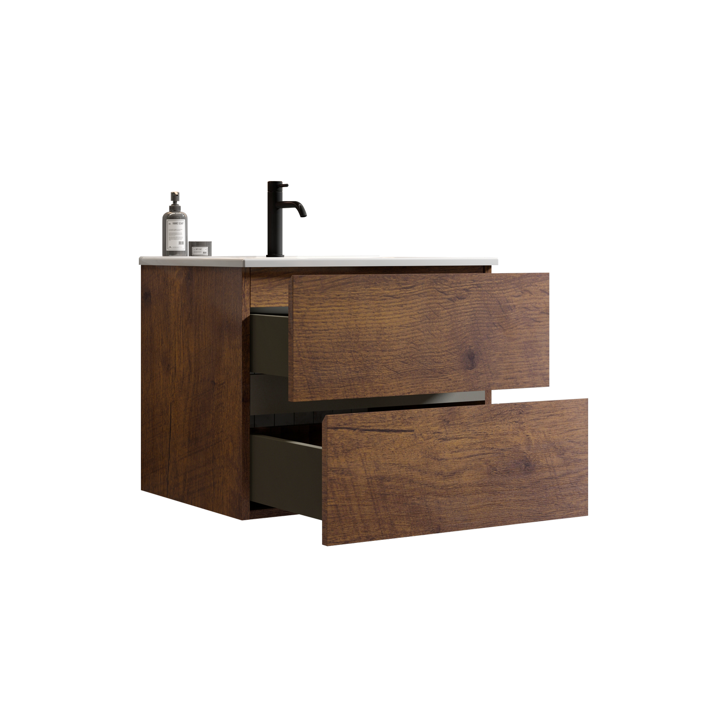 Wall Mount 24" Walnut Bathroom Vanity with Ceramic Sink with one faucet hole, Large Storage Floating Bathroom Vanity for Modern Bathroom, One-Piece Sink Basin without Drain and Faucet, Pre-assembled