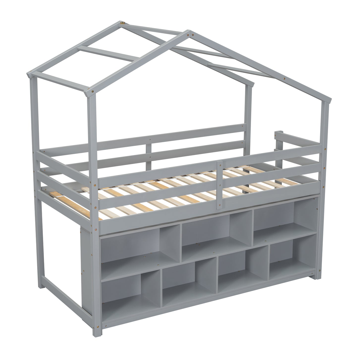 Twin House Loft Bed with Roof Frame, Under Bed Shelving Storage Unit, Guardrails, Ladder,Grey