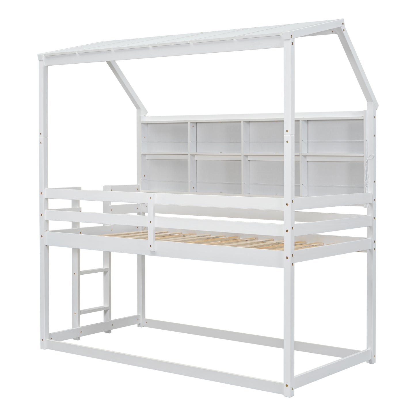 Twin House Loft Bed with Guardrails, Semi-enclosed Roof, Bedside Shelves and Ladder, White