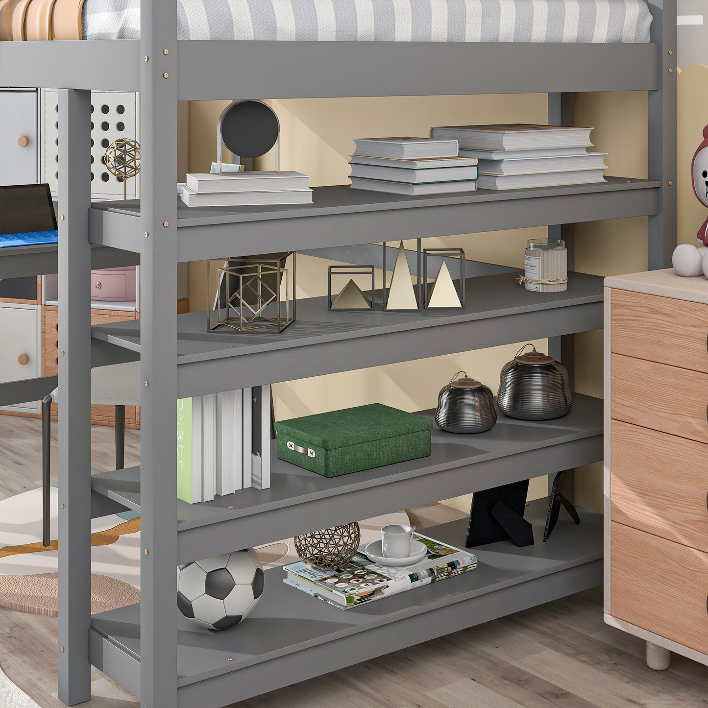 Loft Bed Full with desk,ladder,shelves , Grey