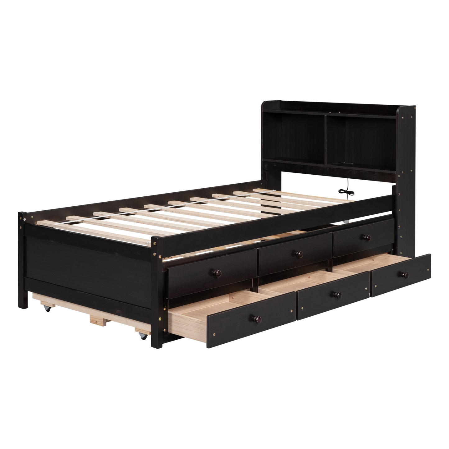 Twin Size Bed with  built-in USB ,Type-C Ports, LED light, Bookcase Headboard, Trundle and 3 Storage Drawers, Twin Size Bed with  Bookcase Headboard, Trundle and Storage drawers ,Espresso