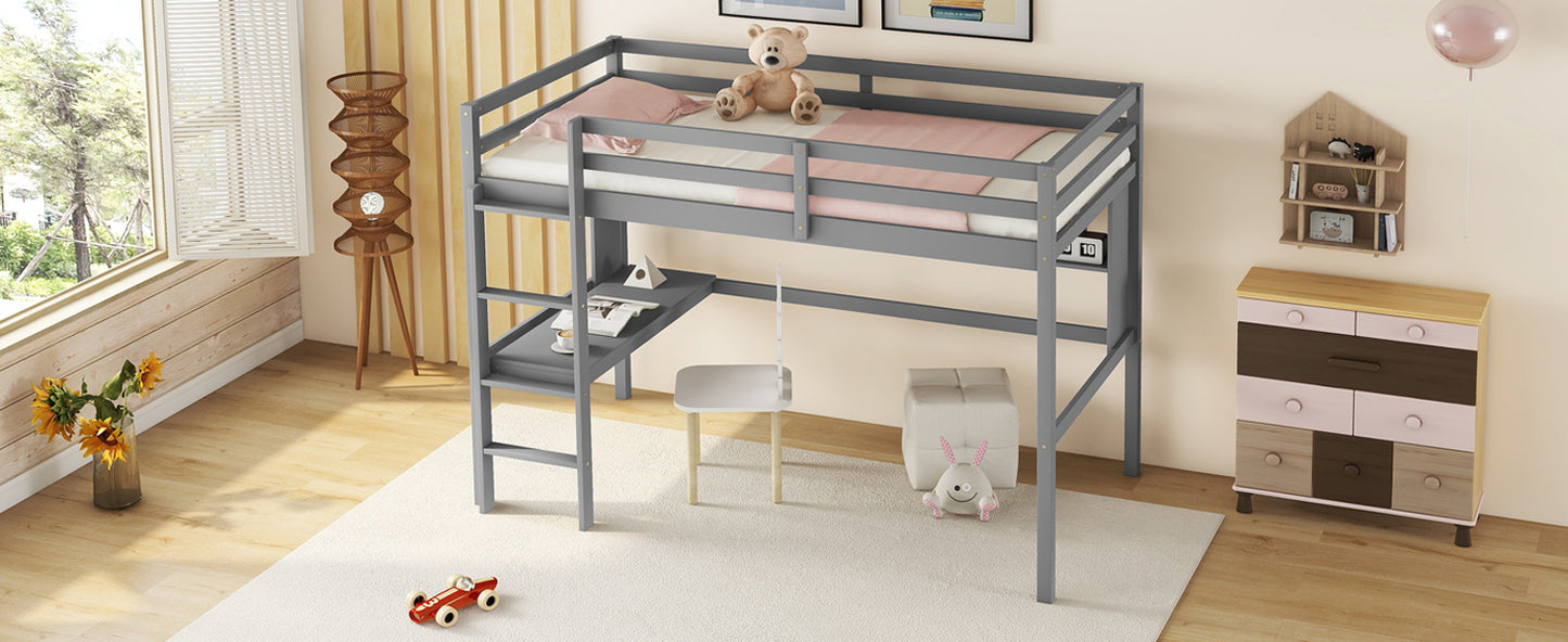 Twin Loft Bed with built-in desk and bookcase of three compartments, Guardrails and Ladder,Grey