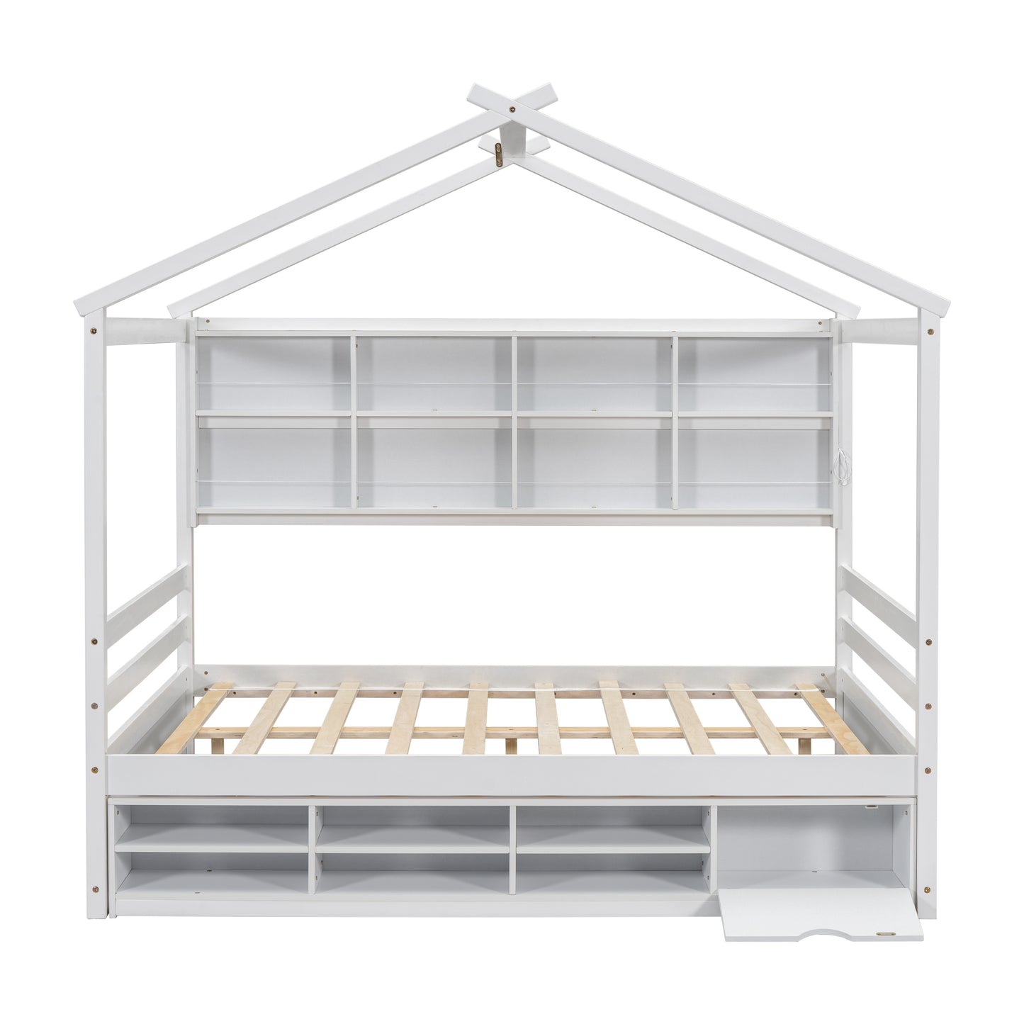 Full House Bed with Roof Frame, Bedside-shelves, Under Bed Storage Unit,White