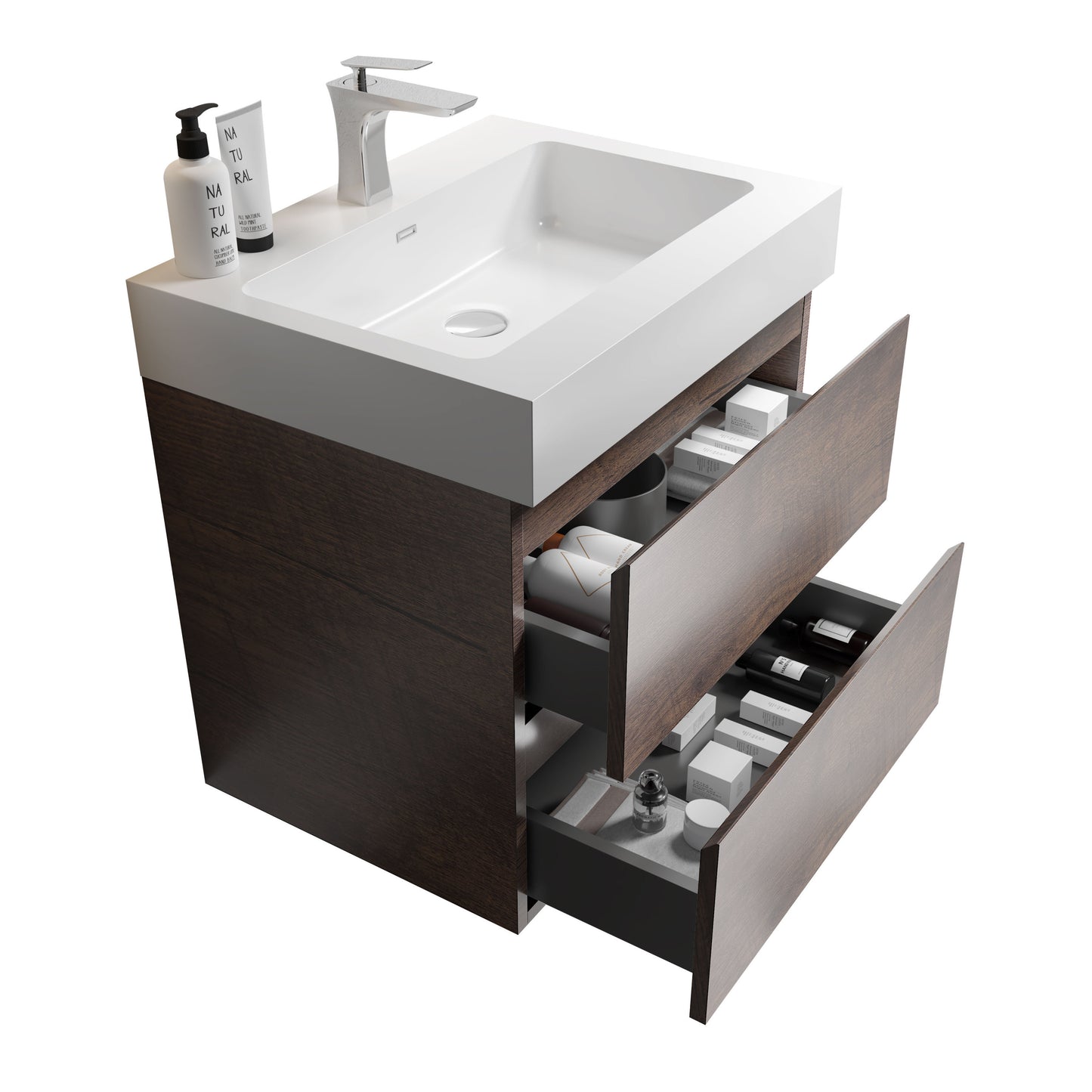 Alice 24" Walnut Bathroom Vanity with Sink, Large Storage Wall Mounted Floating Bathroom Vanity for Modern Bathroom, One-Piece White Sink Basin without Drain and Faucet, Pre-assembled