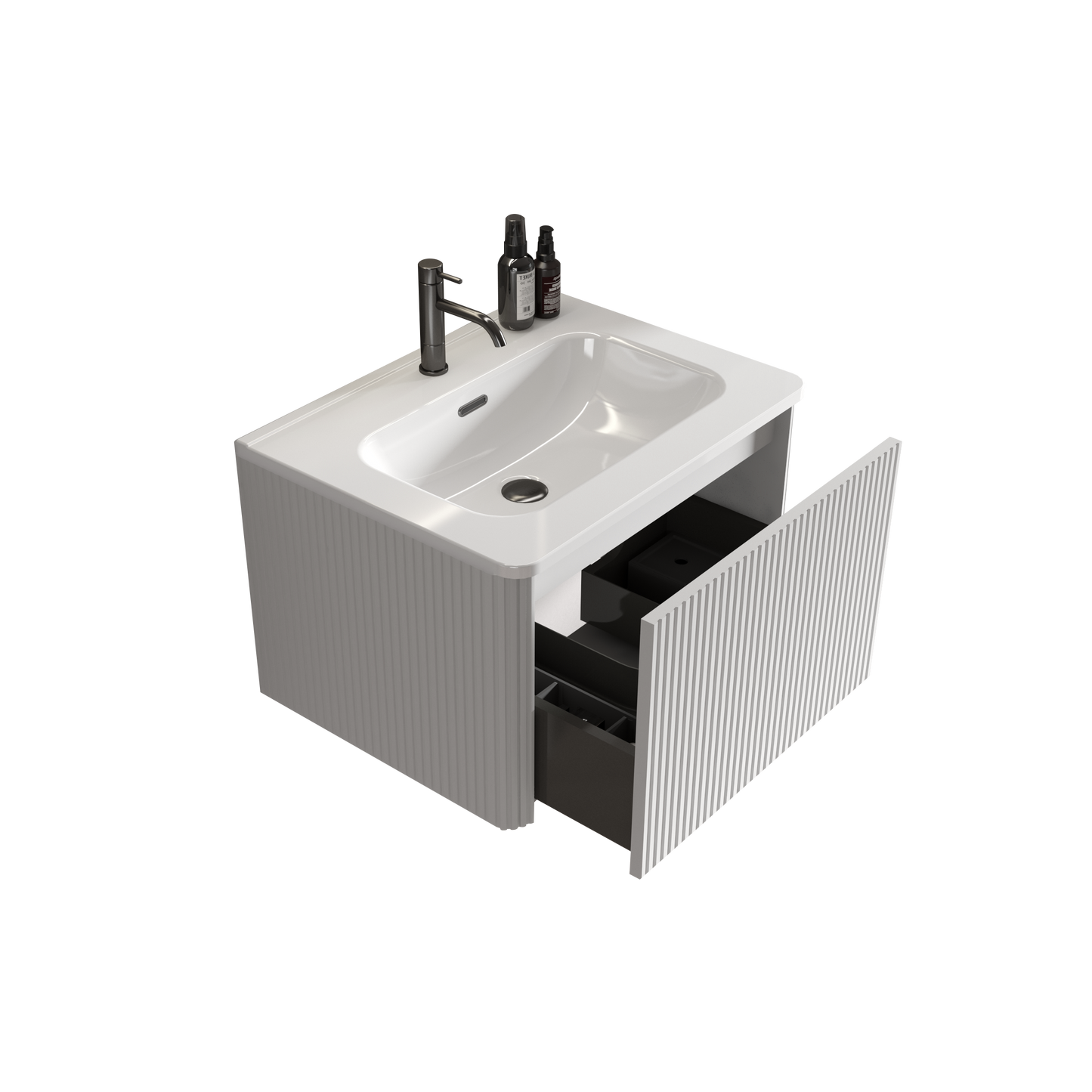 U059-Etna24W-301 Etna 24" Striped Soft White Bathroom Vanity with White Ceramic Sink, Wall Mounted Floating Bathroom Vanity for Modern Bathroom, One-Piece White Sink Basin without Drain, Pre-assembled