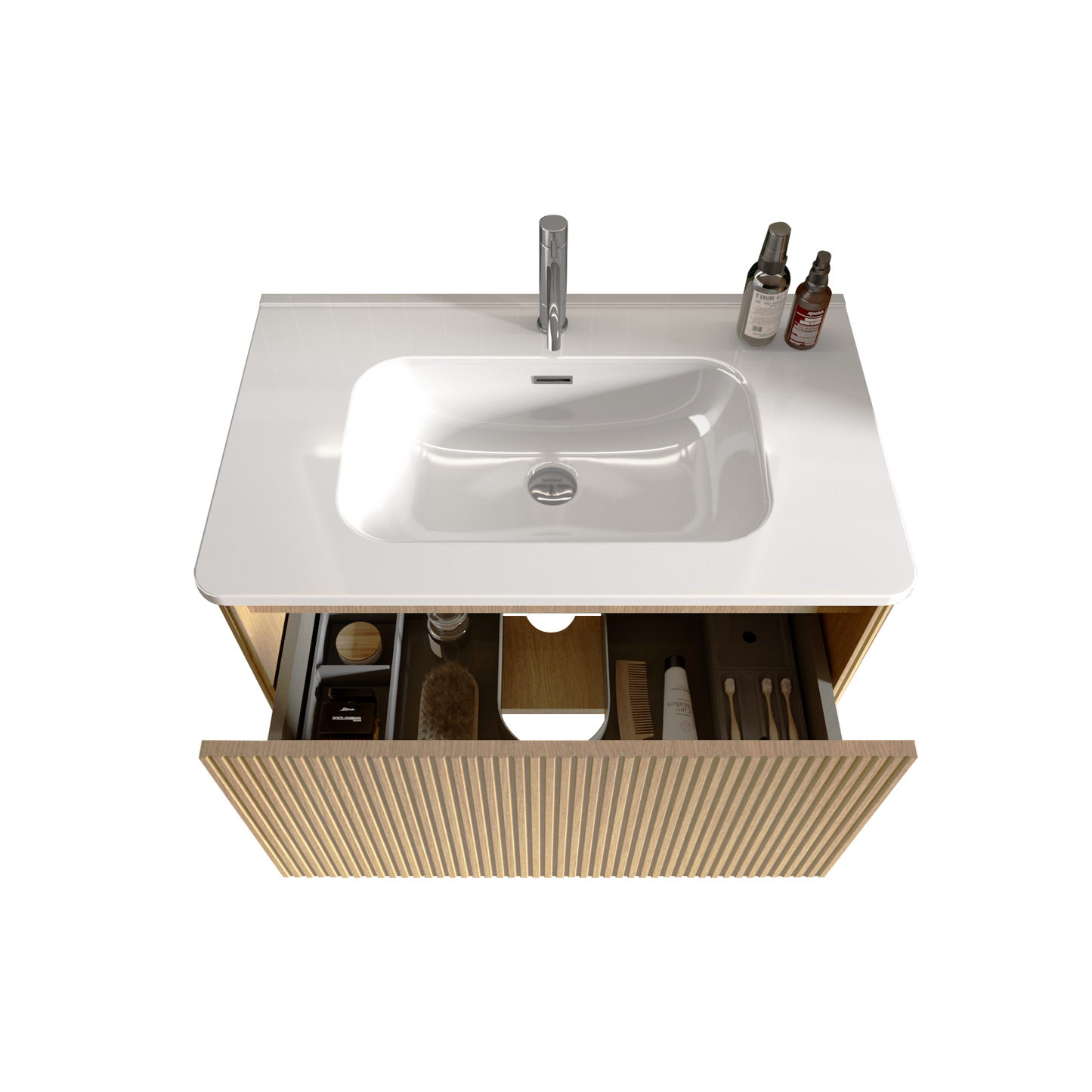 U049-Etna30W-306 Etna 30" Striped Natural Oak Bathroom Vanity with White Ceramic Sink, Wall Mounted Floating Bathroom Vanity for Modern Bathroom, One-Piece White Basin without Drain, Pre-assembled